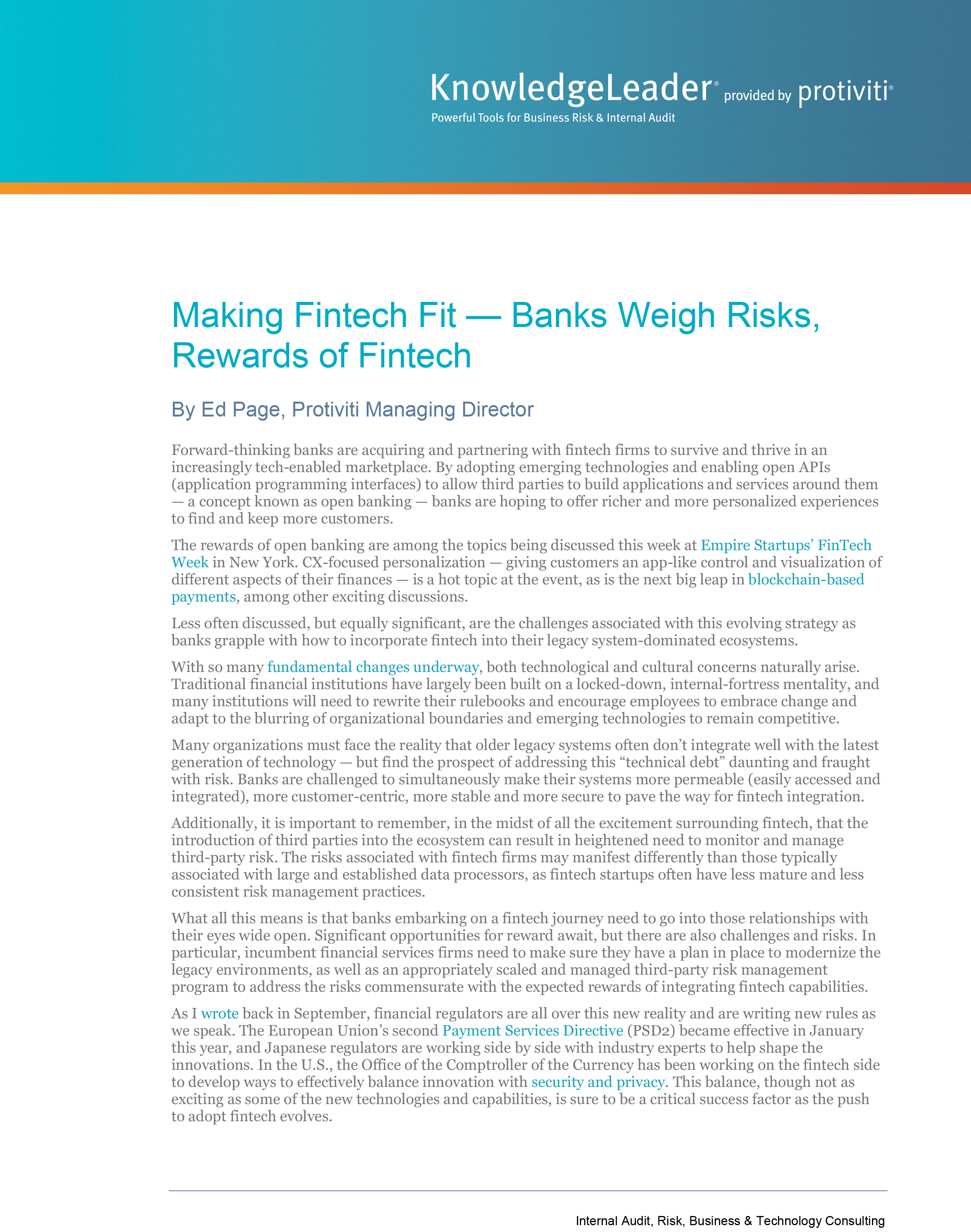 Screenshot of the first page of Making Fintech Fit — Banks Weigh Risks,Rewards of Fintech