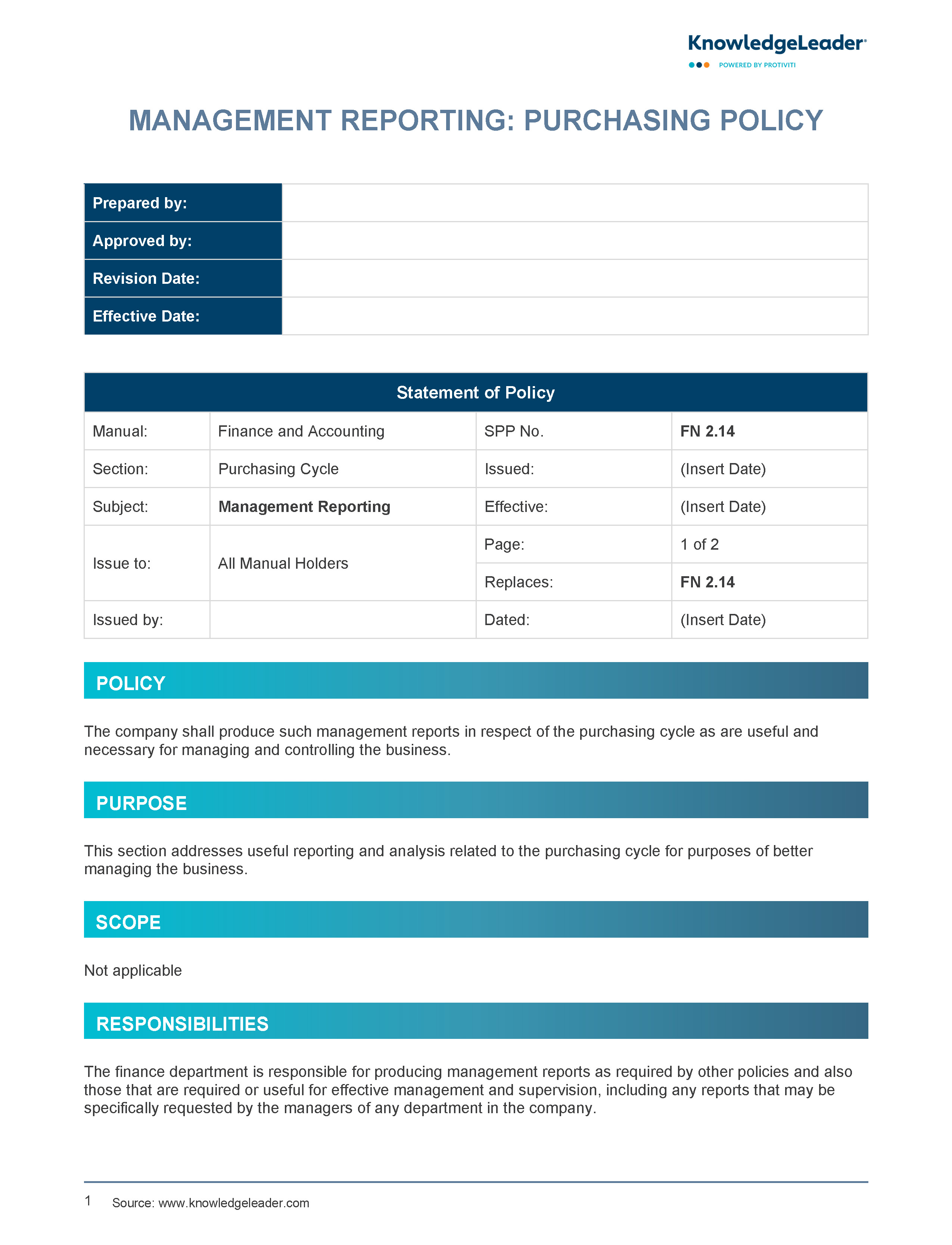 Screenshot of the first page of Management Reporting: Purchasing Policy