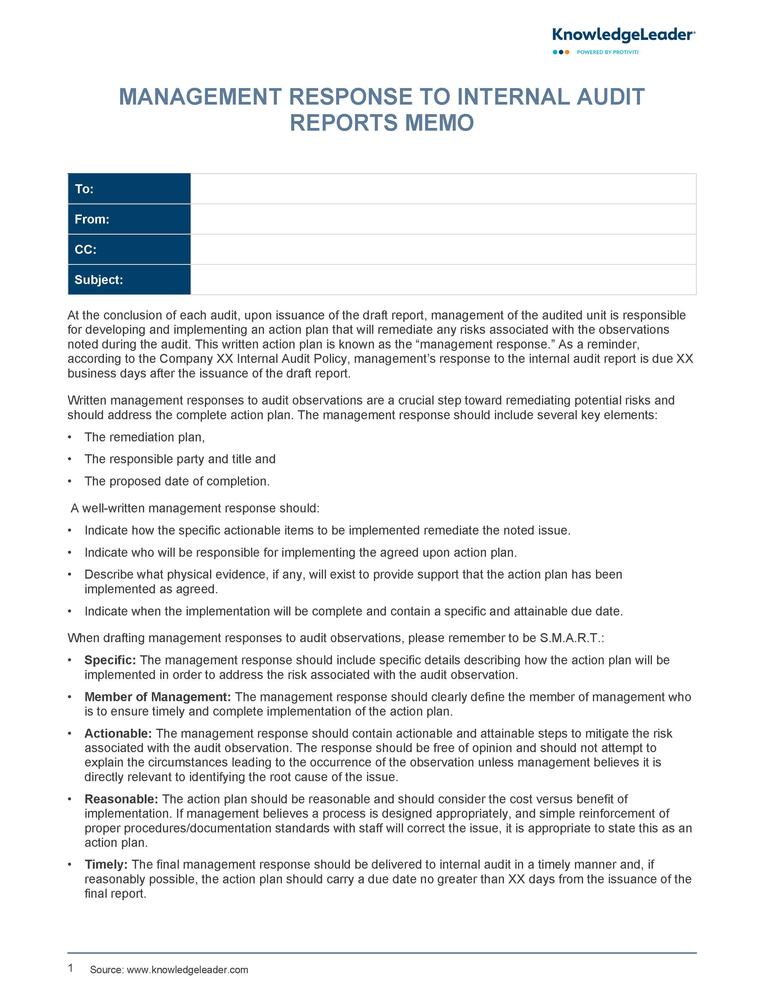 Screenshot of the first page of Management Response to Internal Audit Reports Memo