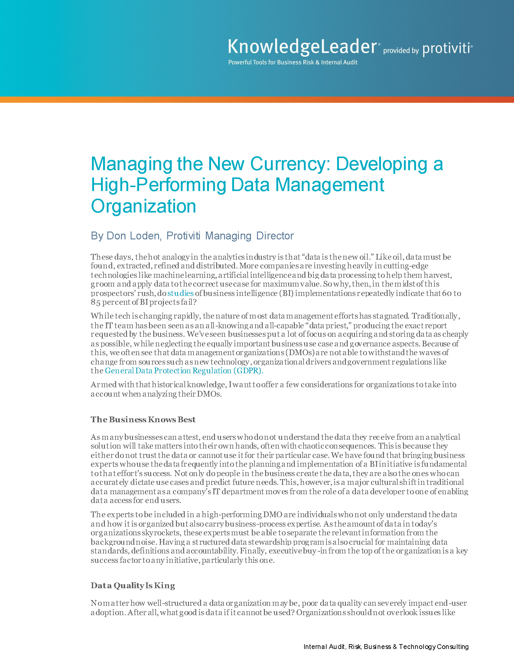 Screenshot of the first page of Managing the New Currency Developing a High-Performing Data Management Organization