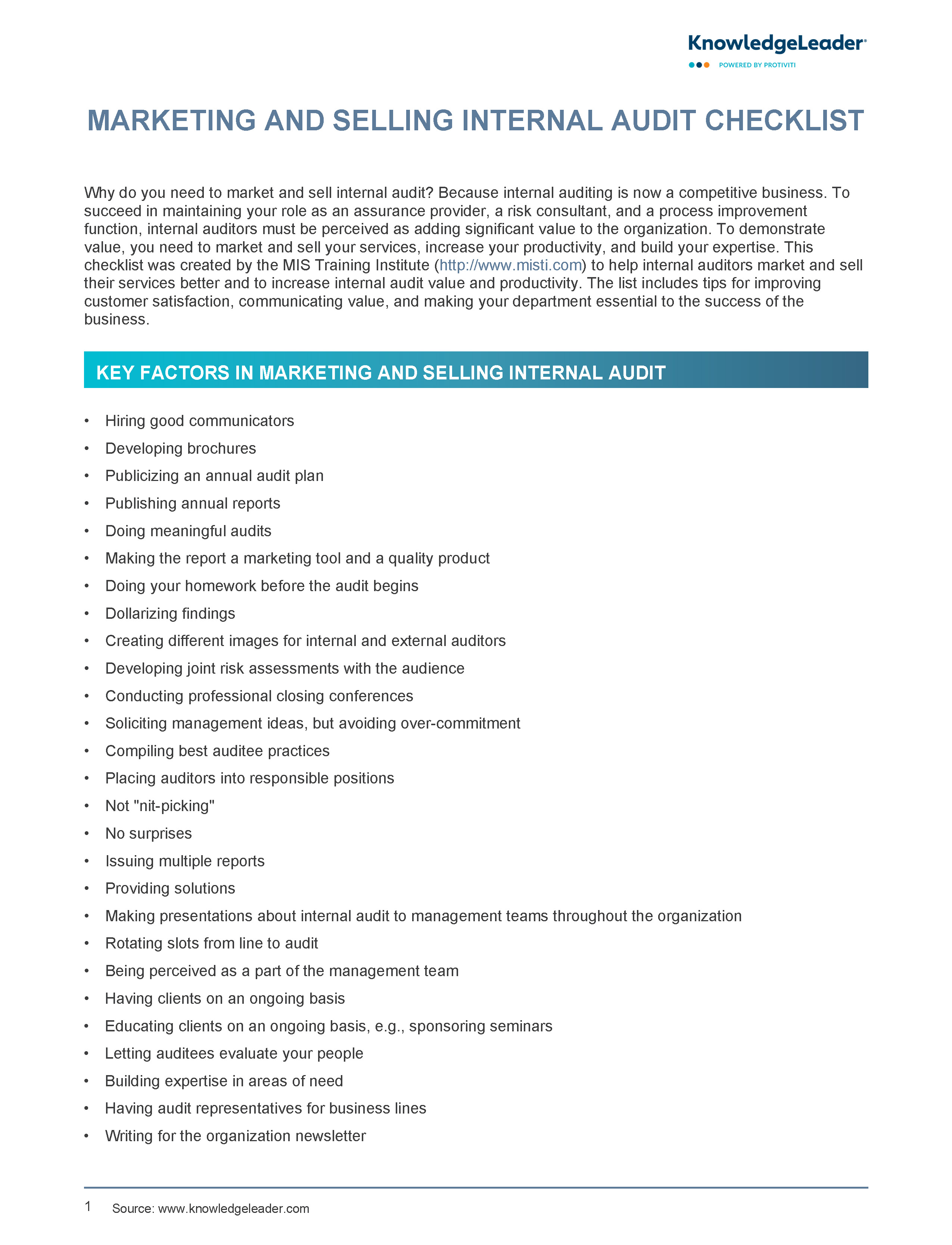 Screenshot of the first page of Marketing and Selling Internal Audit Checklist