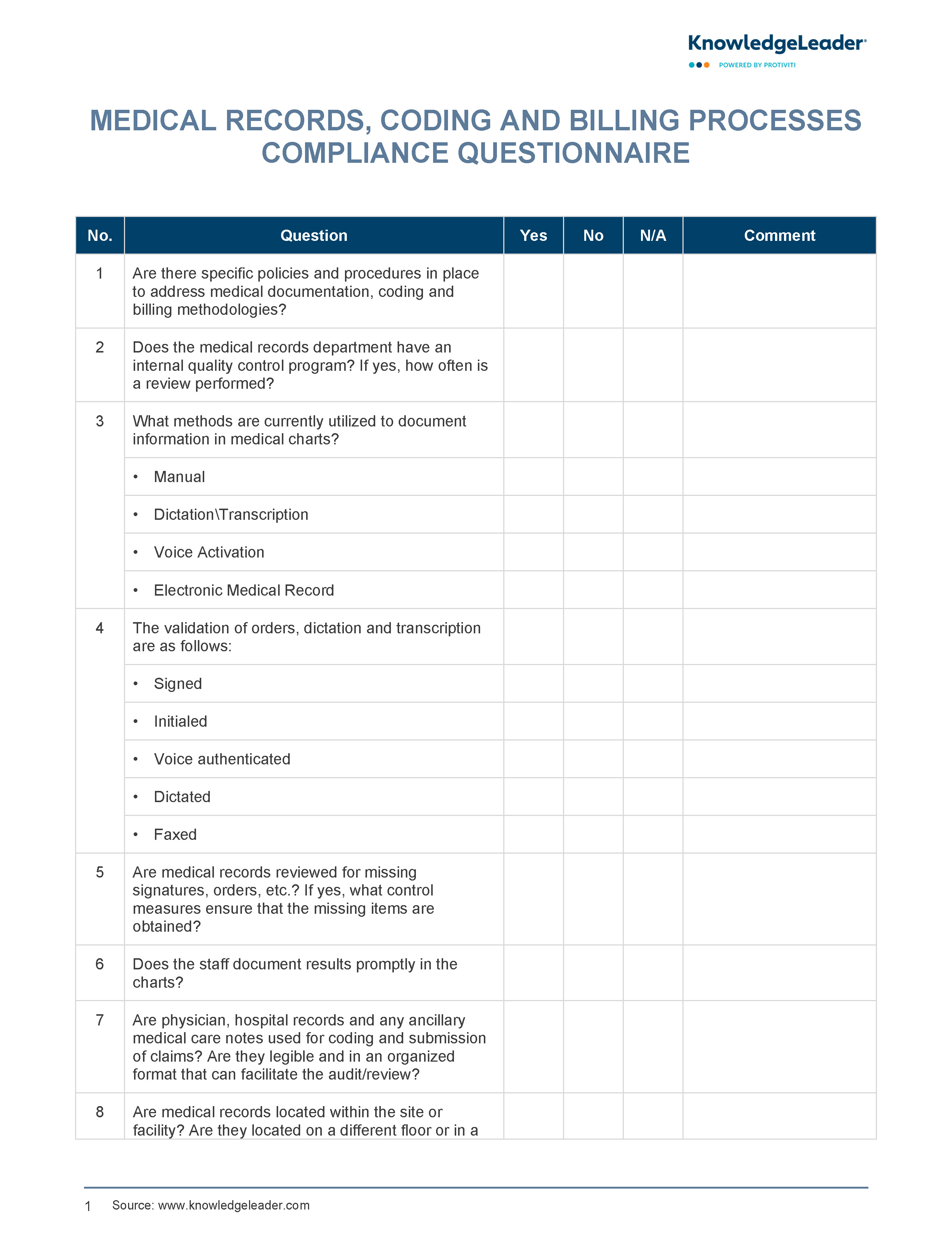 Screenshot of the first page of Medical Records, Coding, and Billing Processes Compliance Questionnaire
