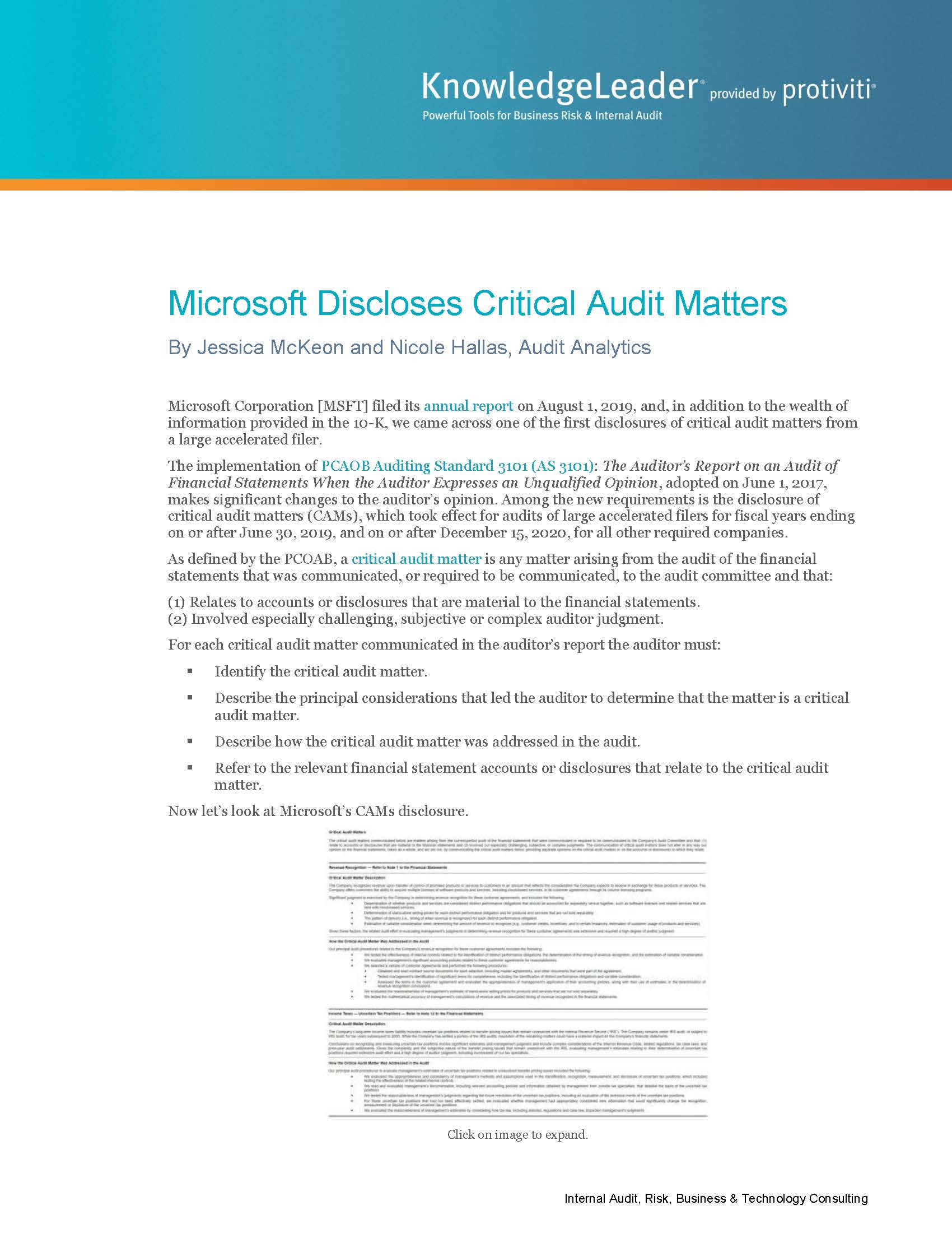 Screenshot of the first page of Microsoft Discloses Critical Audit Matters