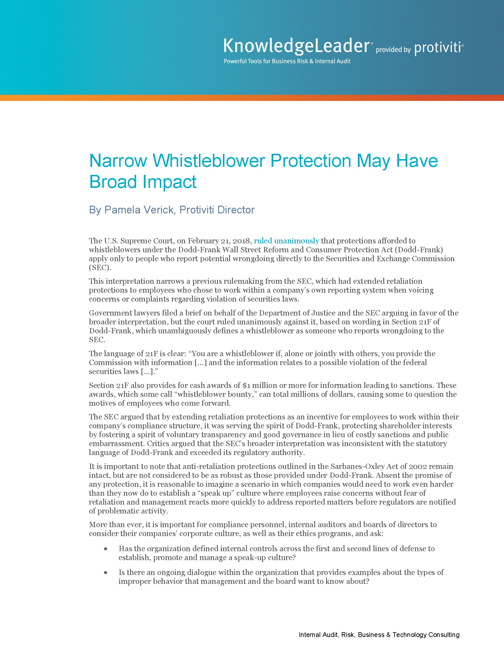 Screenshot of the first page of Narrow Whistleblower Protection May Have Broad Impact