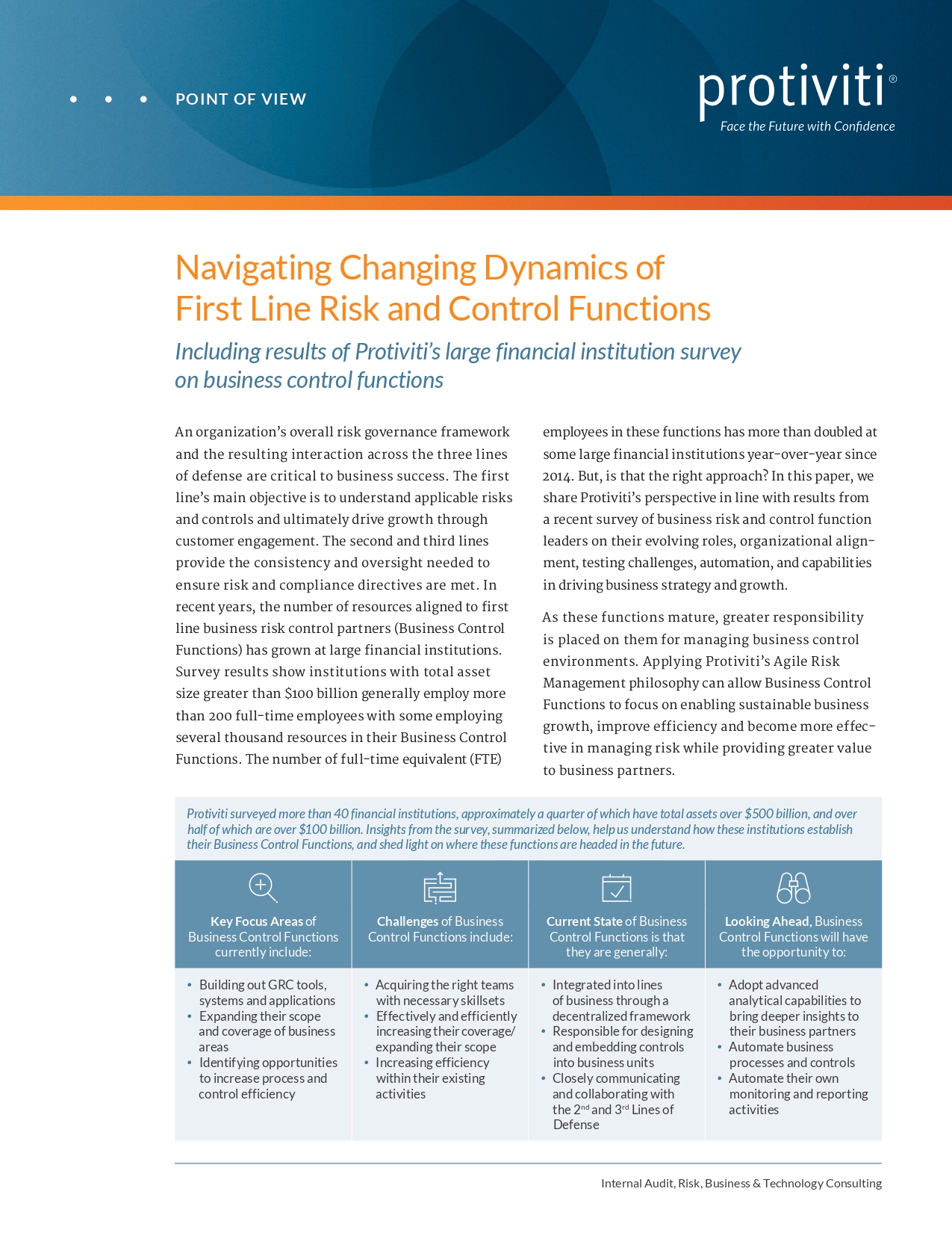 Screenshot of the first page of Navigating Changing Dynamics of First Line Risk and Control Functions