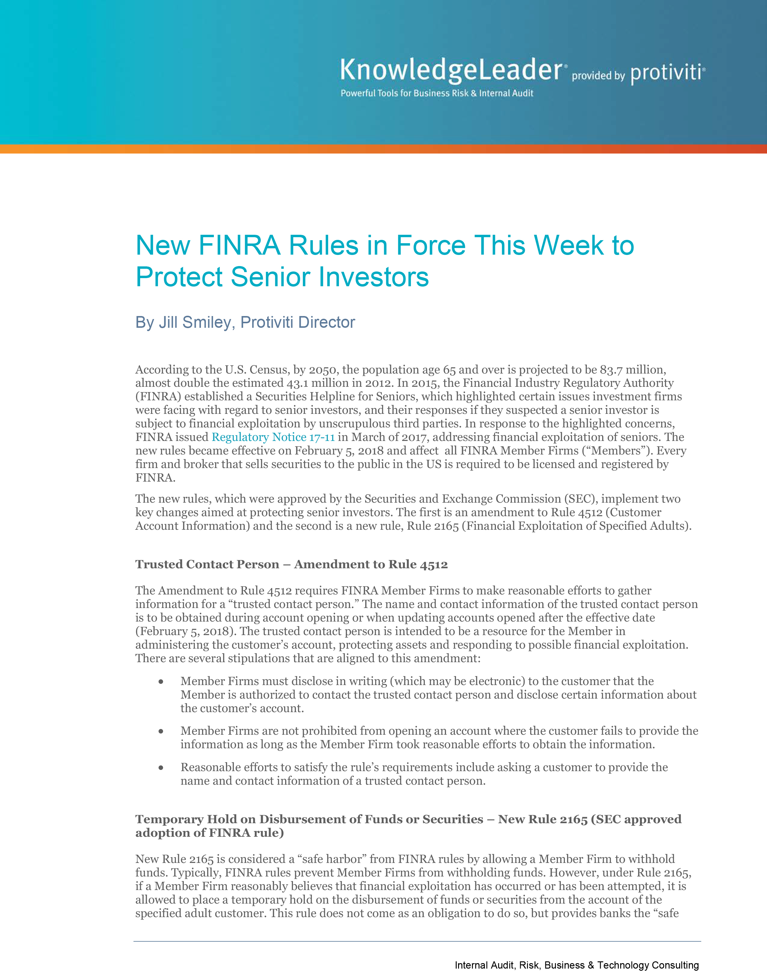 Screenshot of the first page of New FINRA Rules in Force This Week to Protect Senior Investors