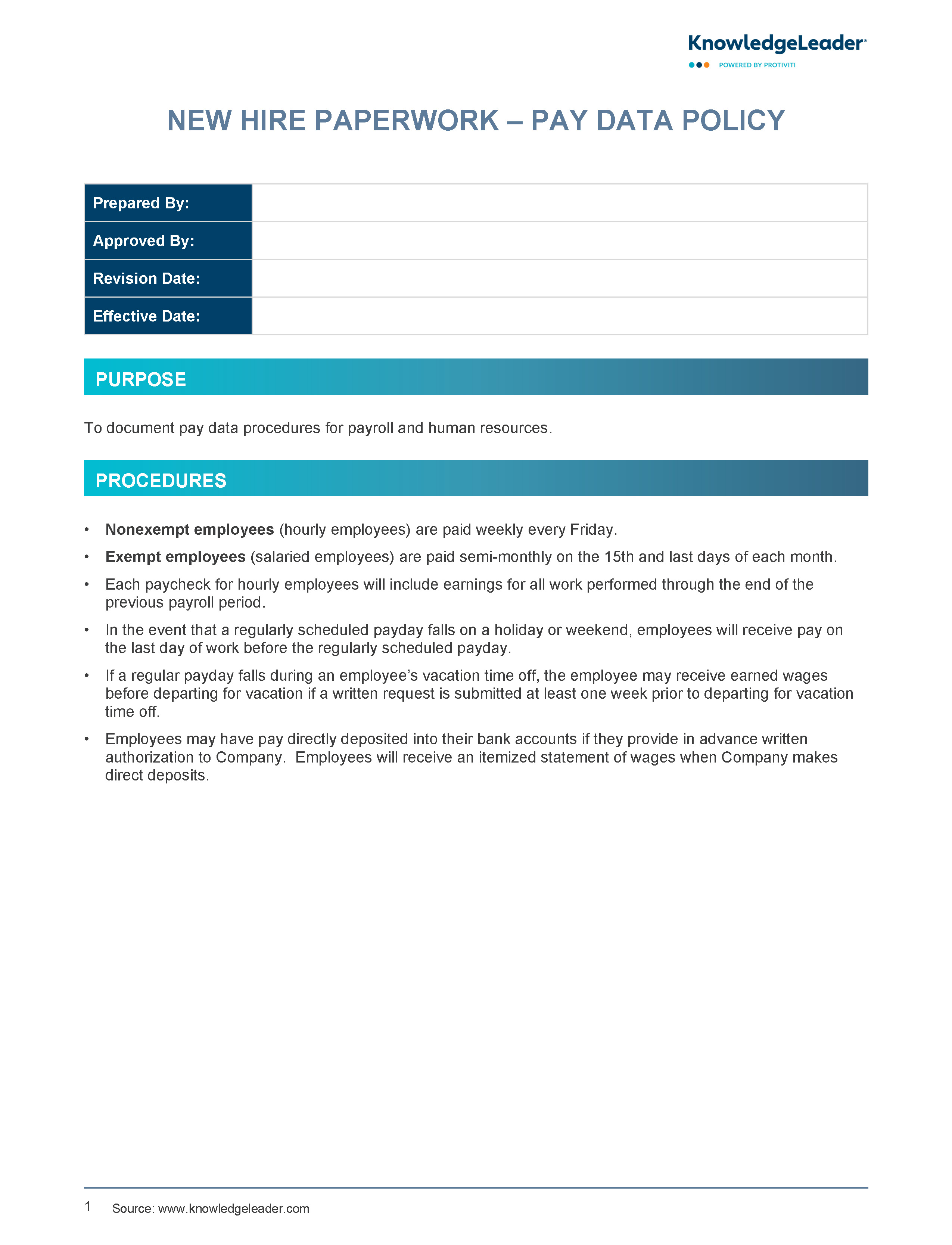 Screenshot of the first page of New Hire Paperwork - Pay Data Policy
