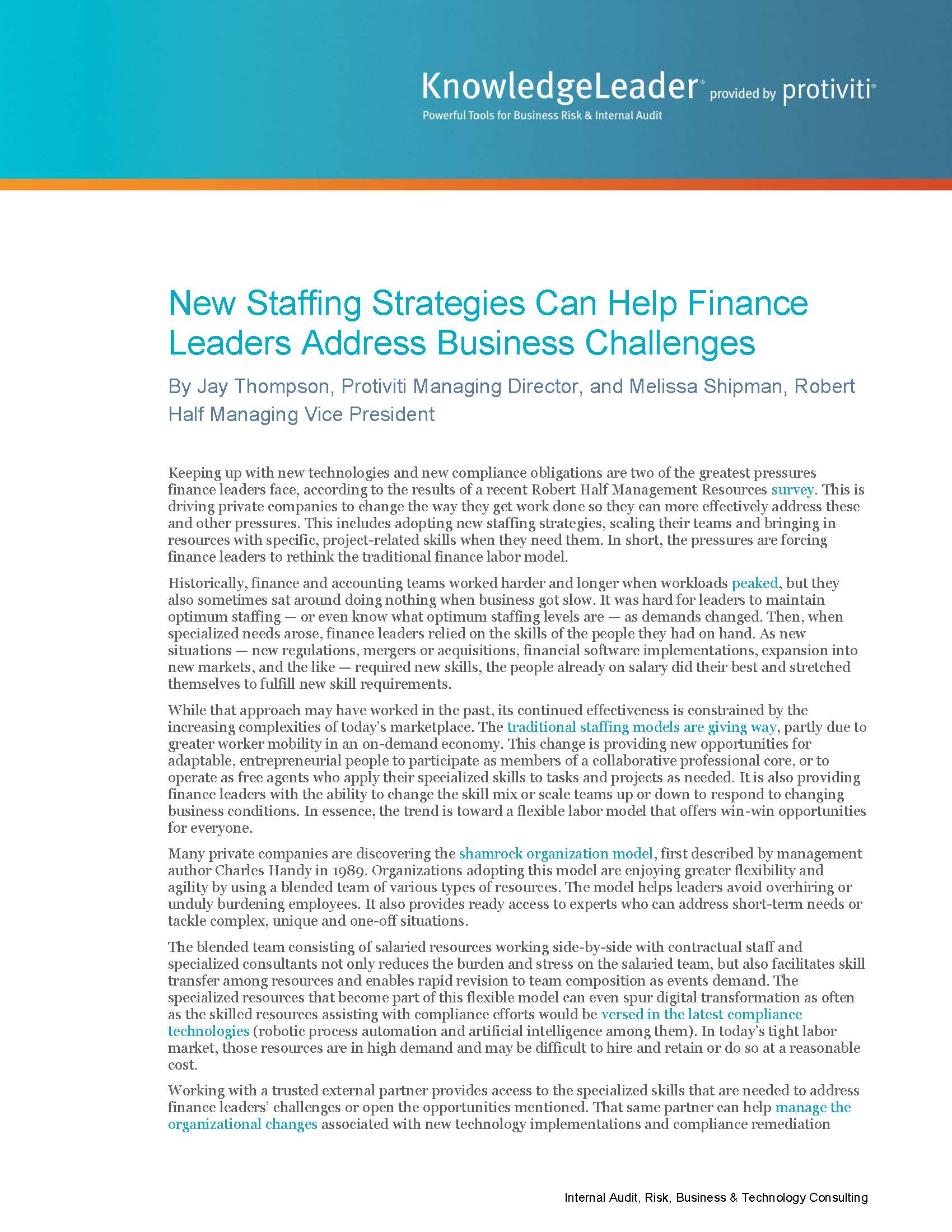 Screenshot of the first page of New Staffing Strategies Can Help Finance Leaders Address Business Challenges