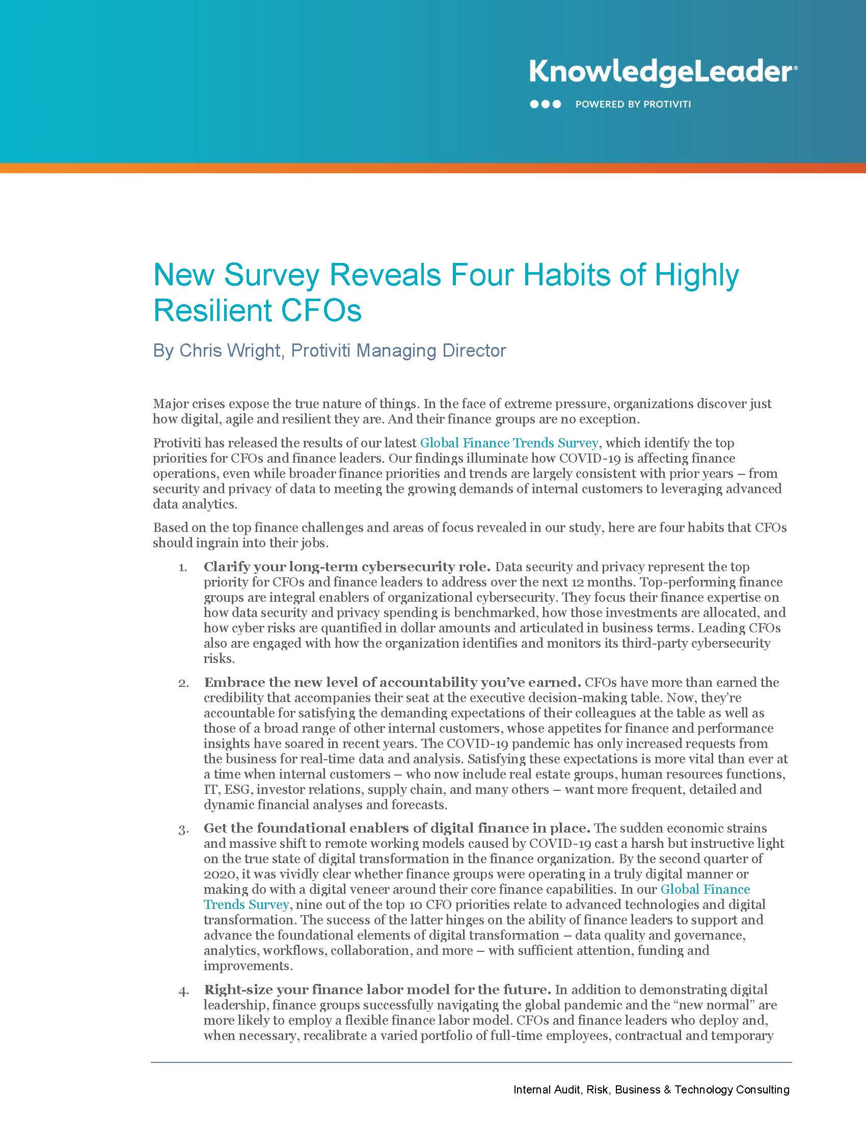 Screenshot of the first page of New Survey Reveals Four Habits of Highly Resilient CFOs