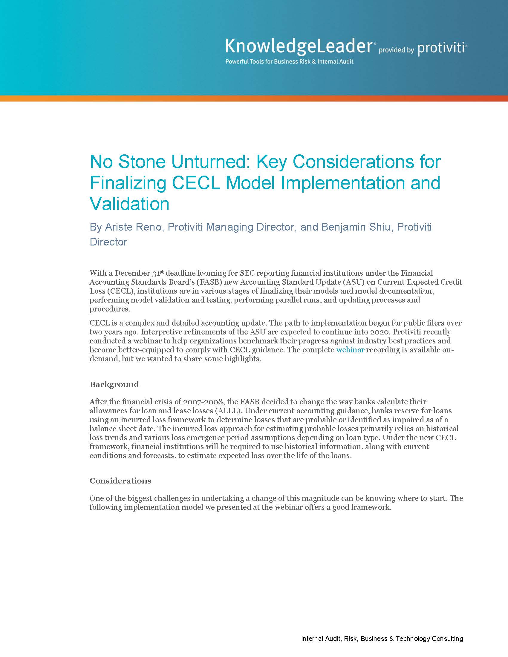 Screenshot of the first page of No Stone Unturned Key Considerations for Finalizing CECL Model Implementation and Validation
