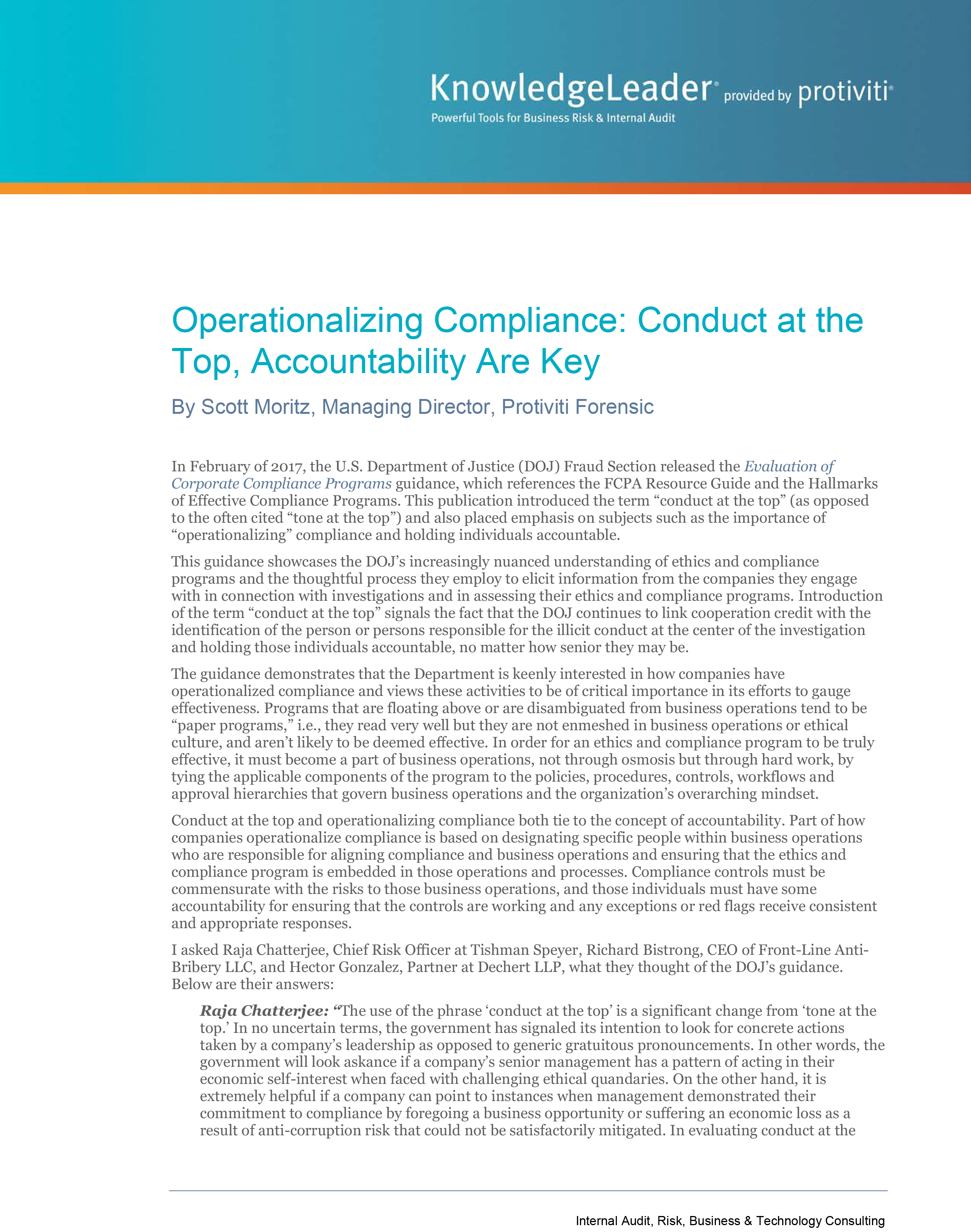 Screenshot of the first page of Operationalizing Compliance-Conduct at the Top, Accountability Are Key