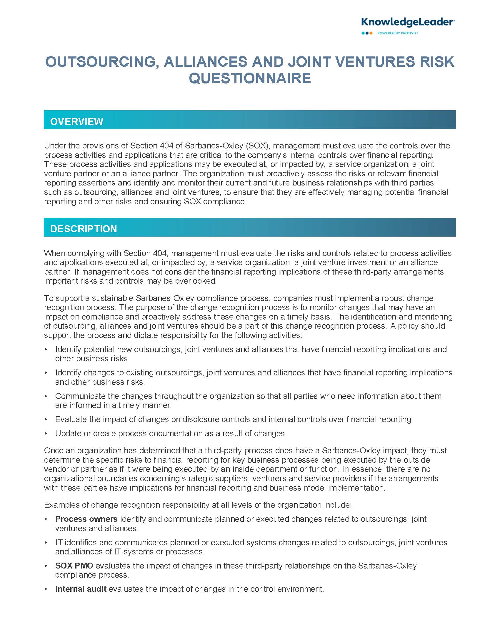 Screenshot of the first page of Outsourcing, Alliances and Joint Ventures Risk Questionnaire