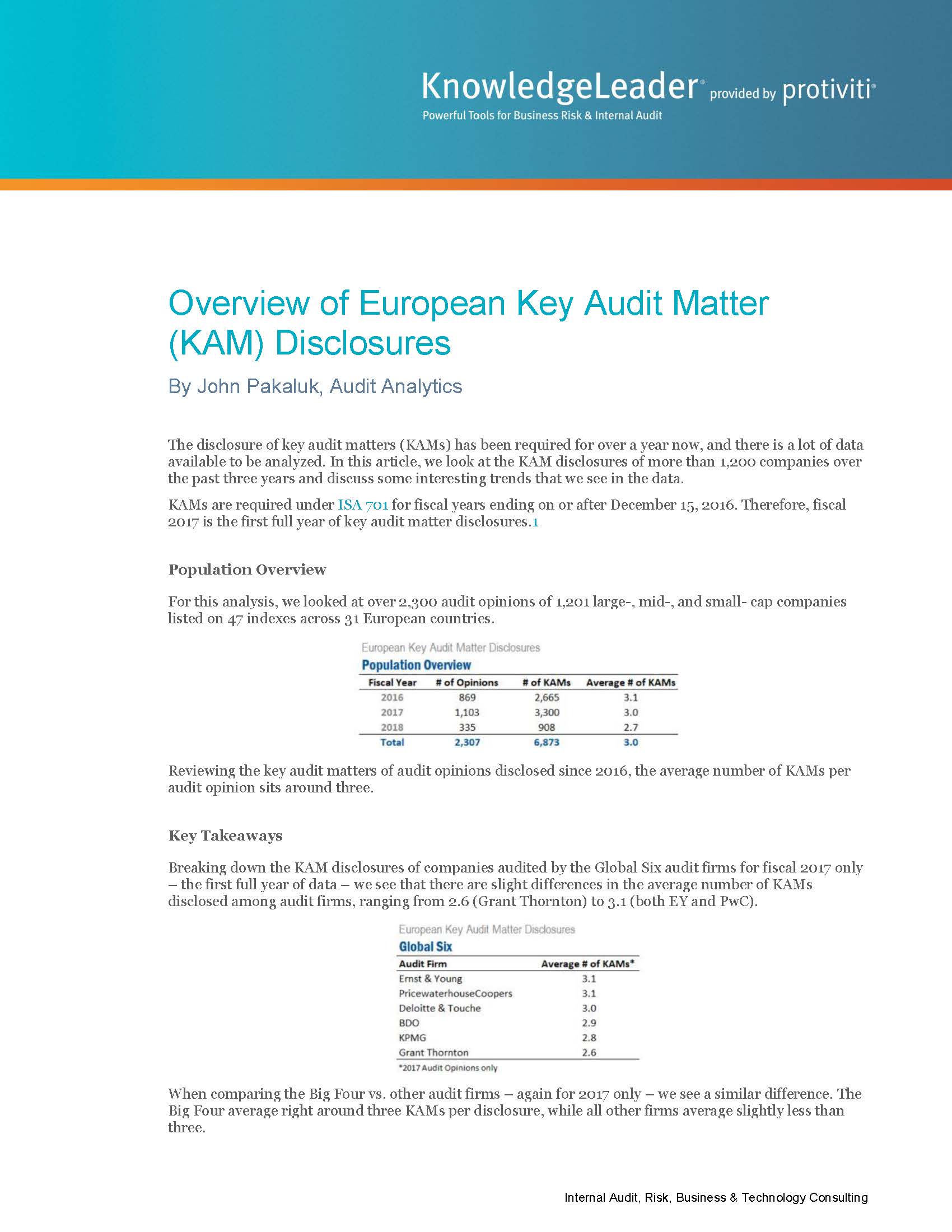 Screenshot of the first page of Overview of European Key Audit Matter (KAM) Disclosures
