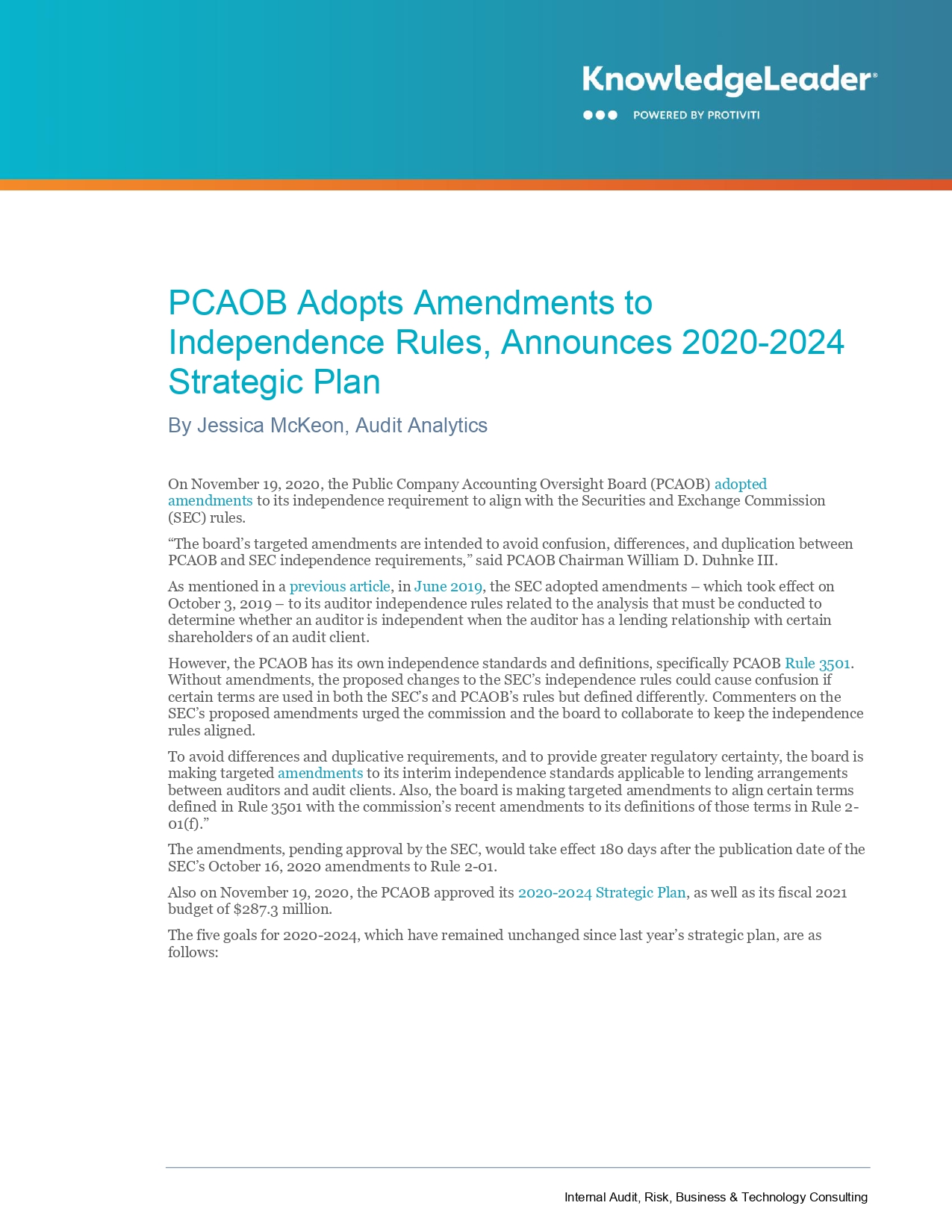 Screenshot of PCAOB Adopts Amendments to Independence Rules, Announces 2020-2024 Strategic Plan