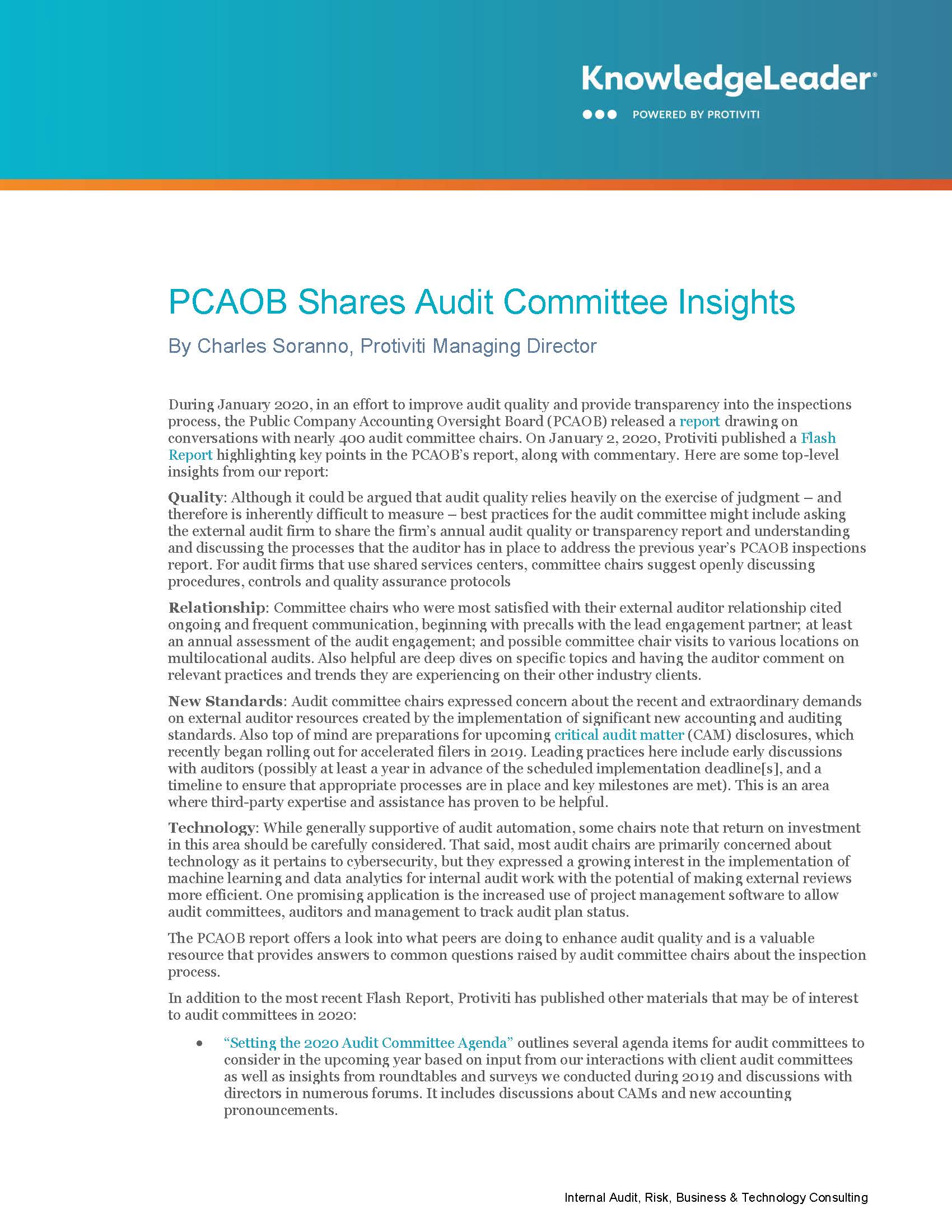 Screenshot of the first page of PCAOB Shares Audit Committee Insights