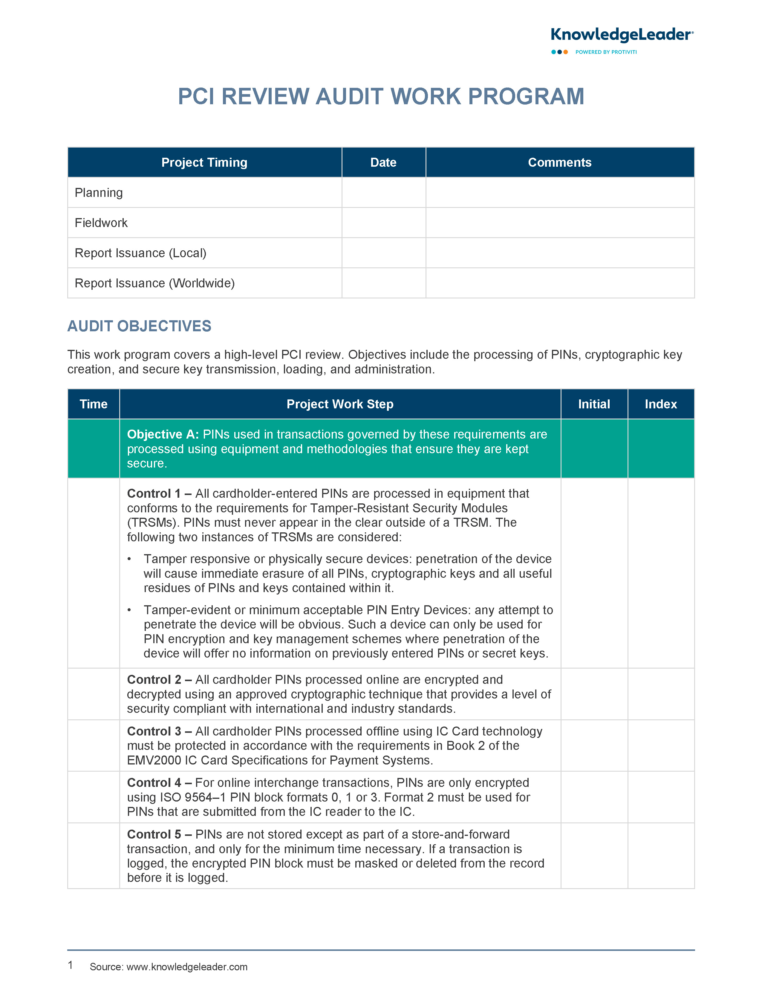 Screenshot of the first page of PCI Review Work Program