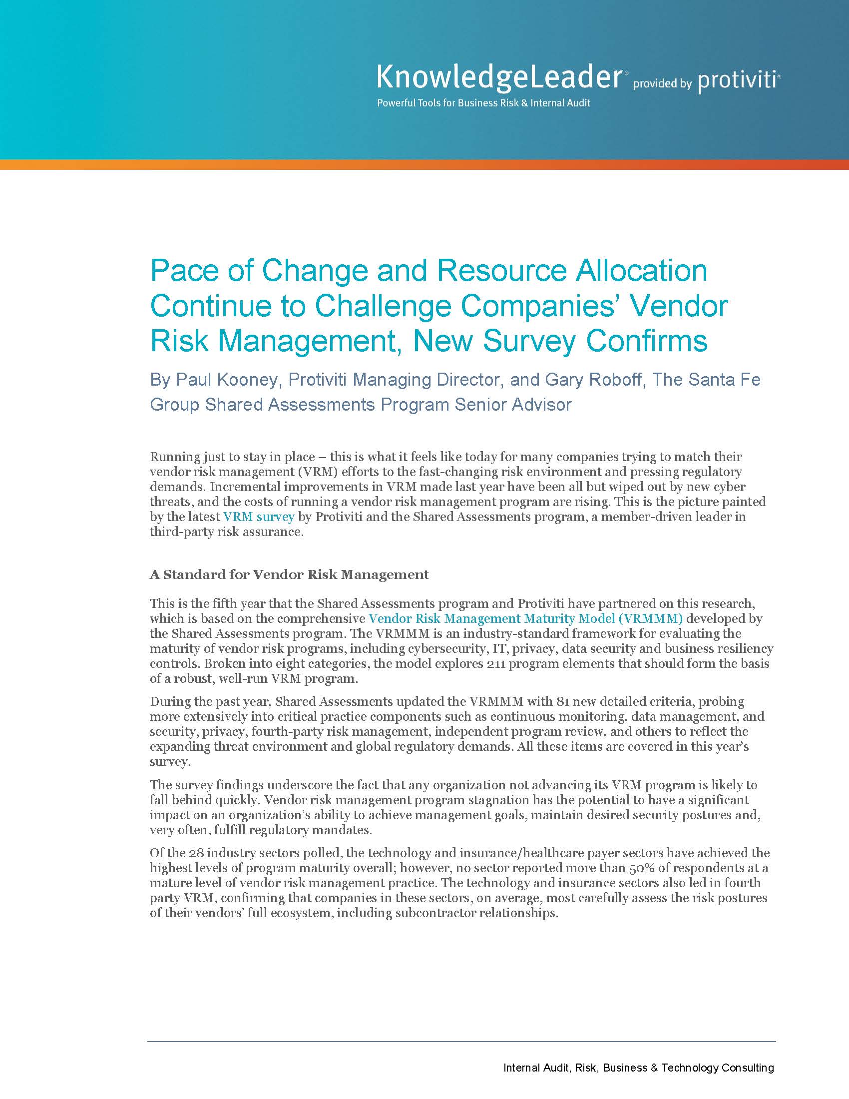 Screenshot of the first page of Pace of Change and Resource Allocation Continue to Challenge Companies Vendor Risk Management New Survey Confirms