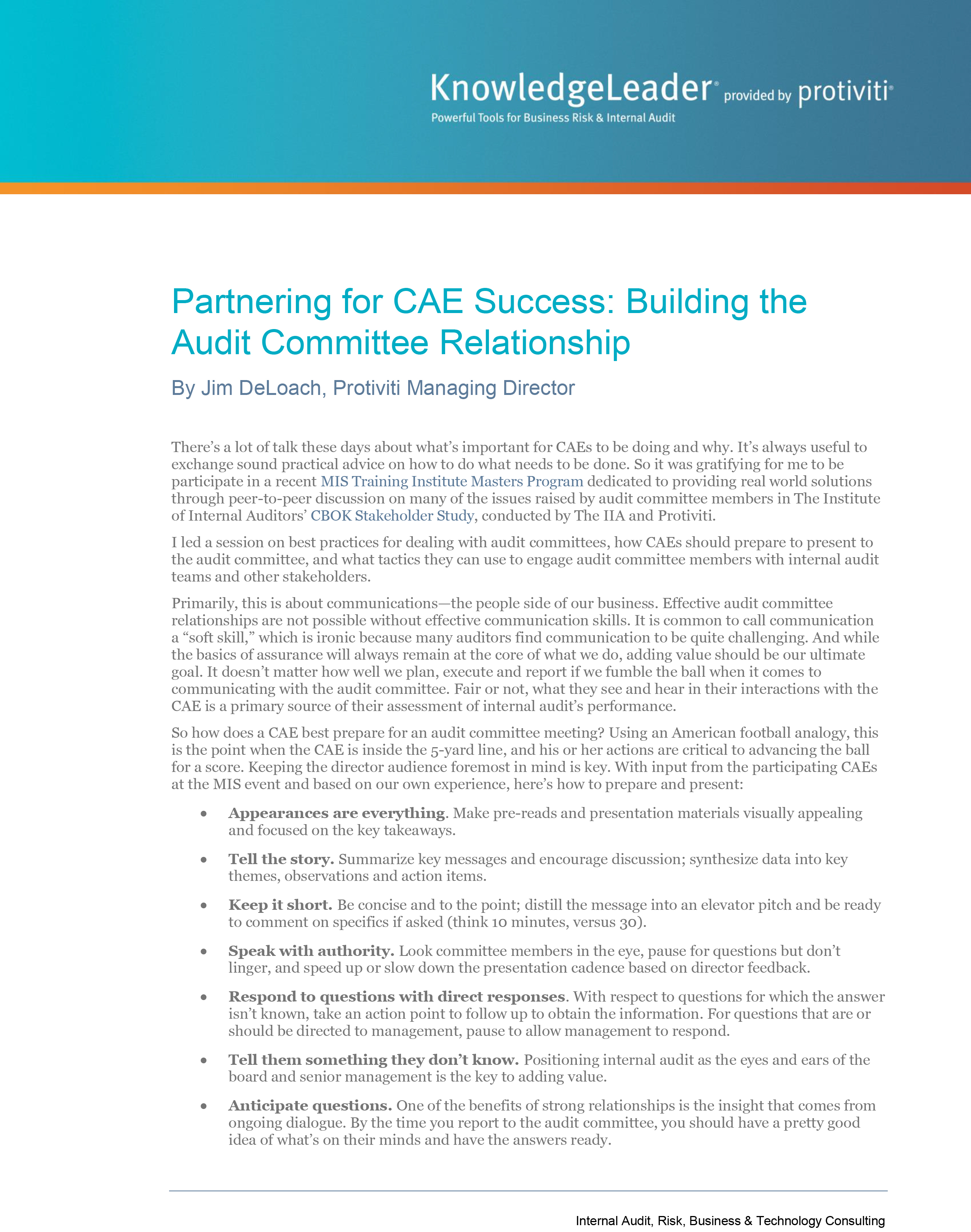 Screenshot of the first page of Partnering for CAE Success-Building the Audit Committee Relationship