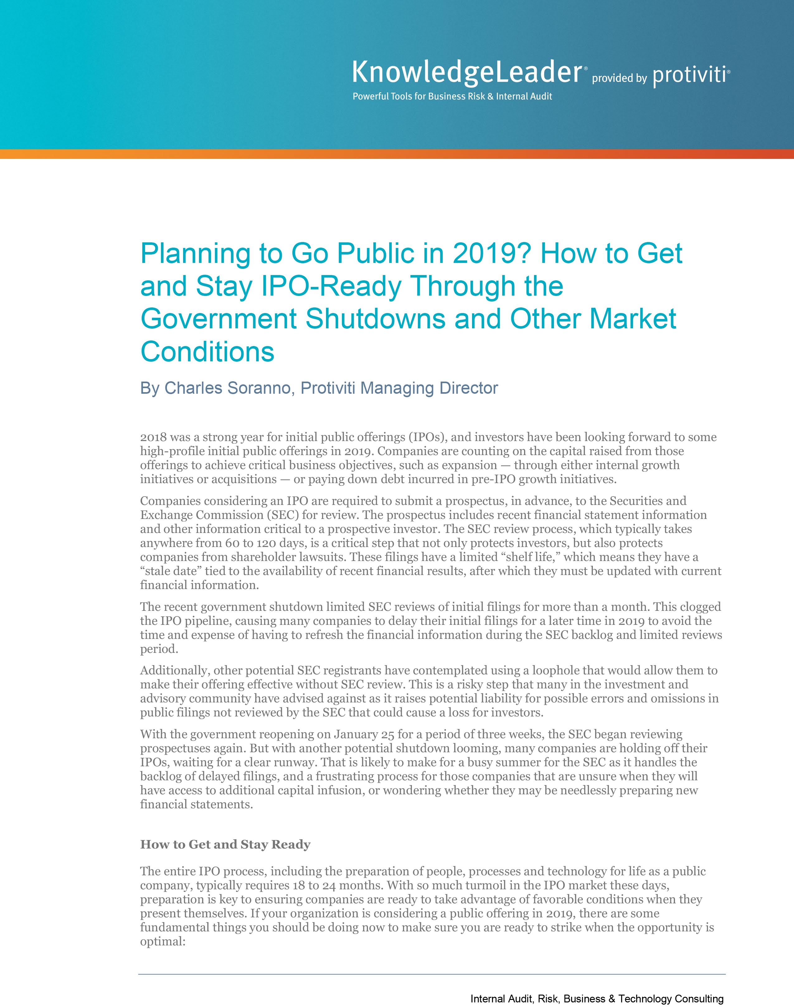 Screenshot of the first page of Planning to Go Public in 2019-How to Get and Stay IPO-Ready Through the Government Shutdowns and Other Market Conditions