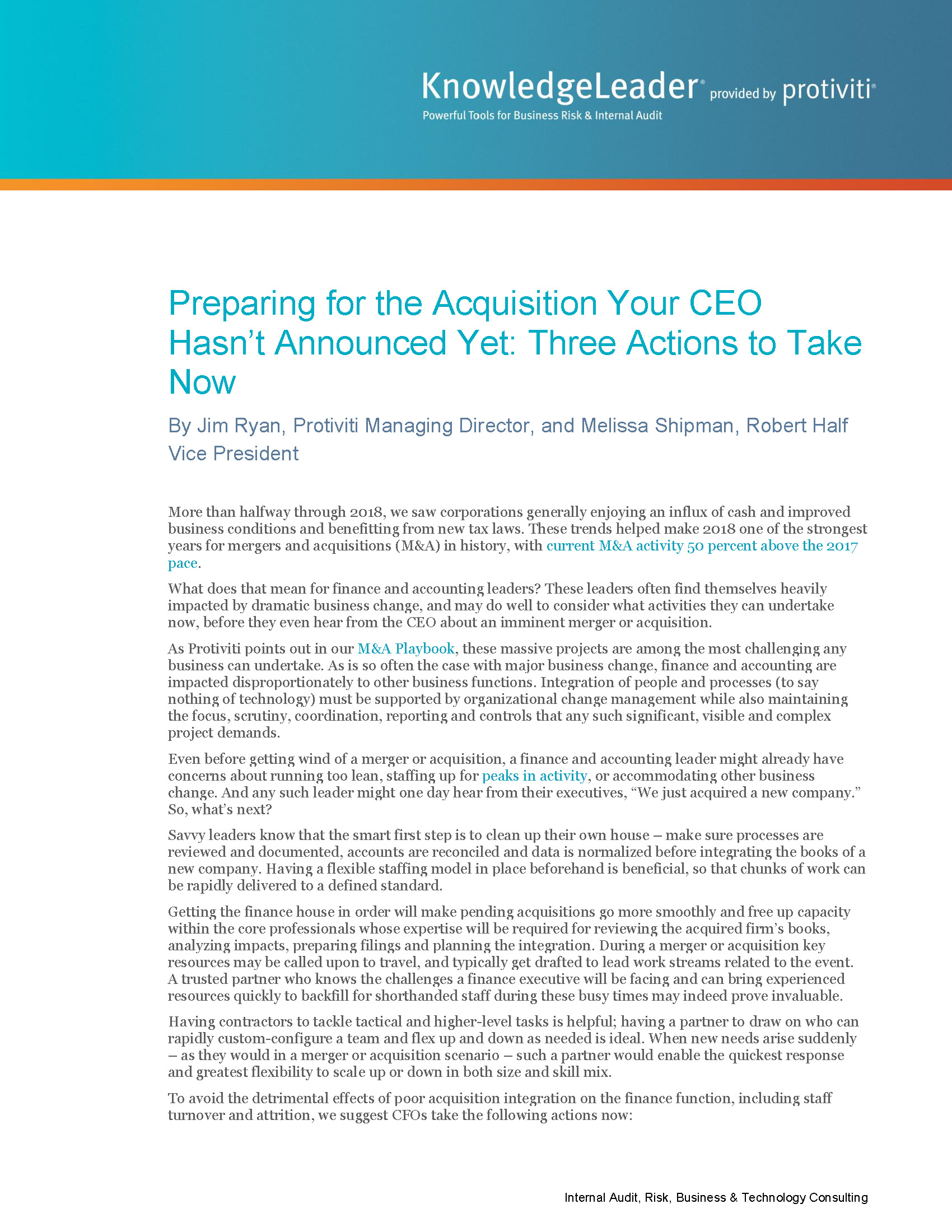 Screenshot of the first page of Preparing for the Acquisition Your CEO Hasn’t Announced Yet Three Actions to Take Now