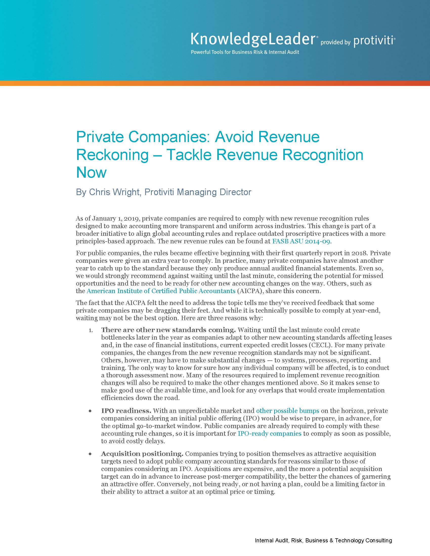 Screenshot of the first page of Private Companies Avoid Revenue Reckoning — Tackle Revenue Recognition Now