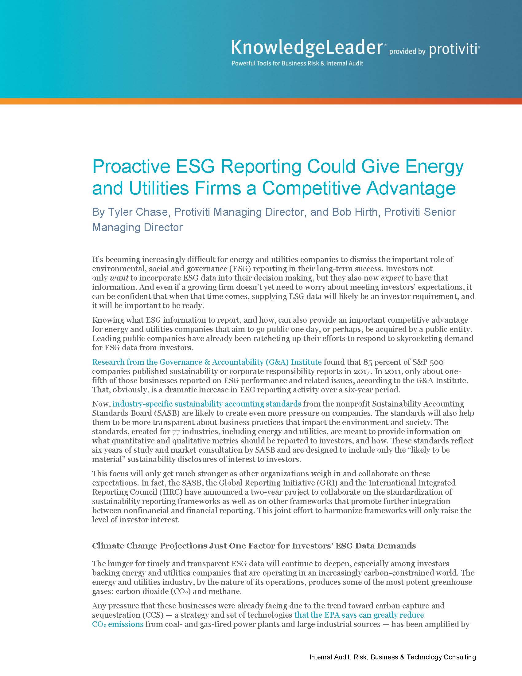 Screenshot of the first page of Proactive ESG Reporting Could Give Energy and Utilities Firms a Competitive Advantage