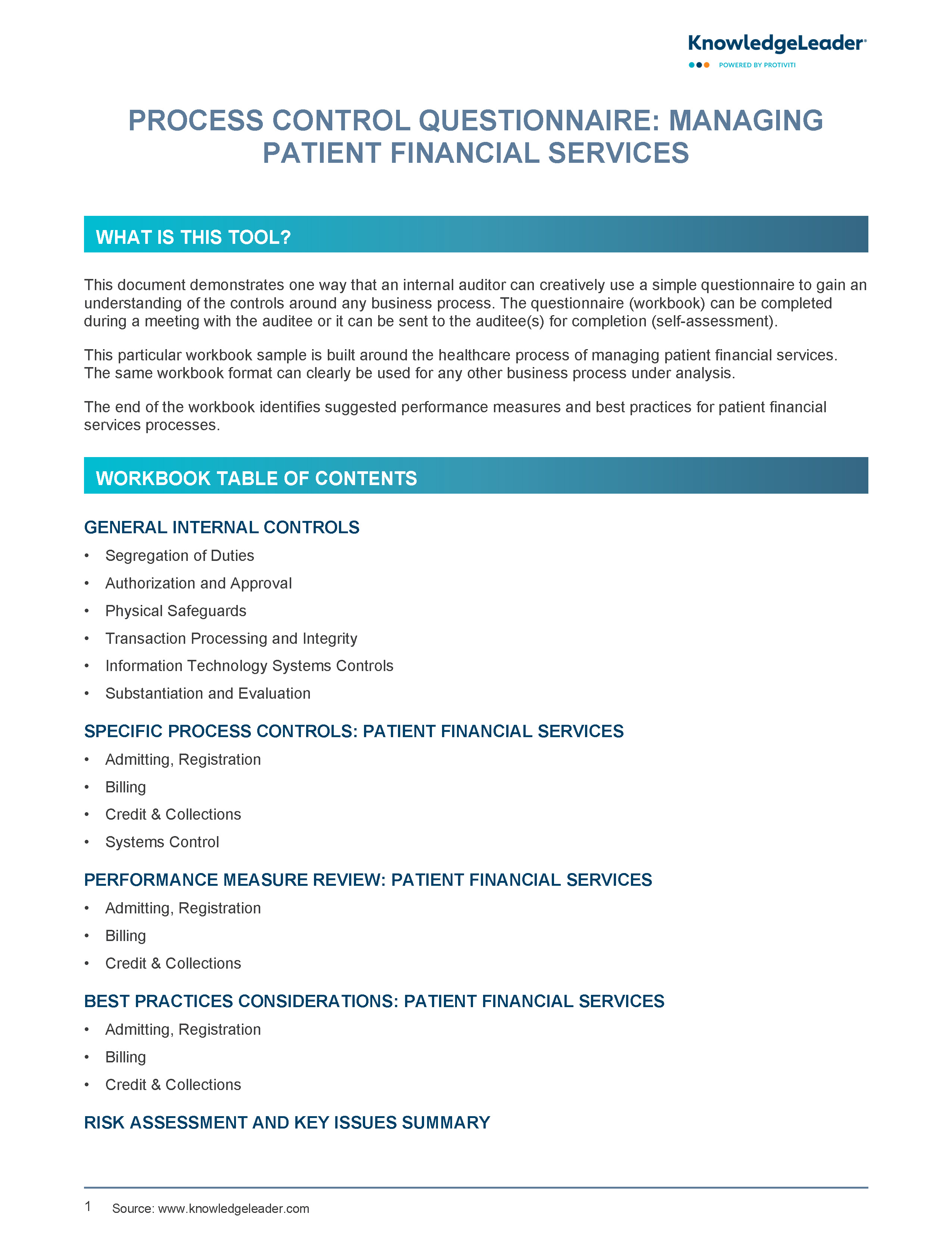 Screenshot of the first page of Process Control Questionnaire - Managing Patient Financial Services