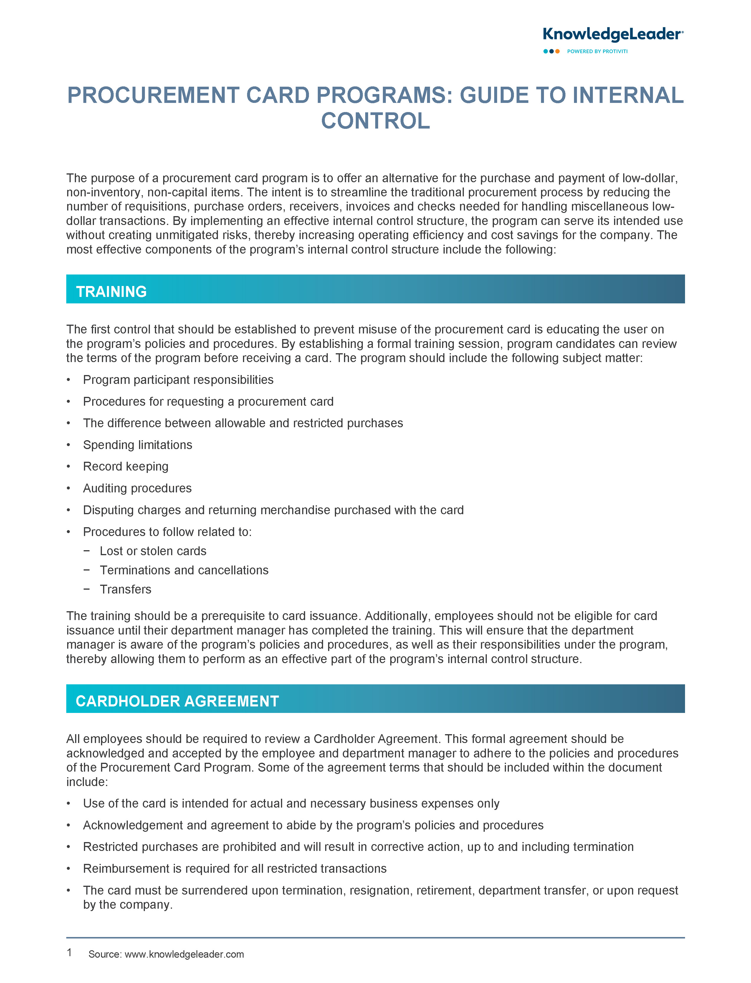 Screenshot of the first page of Procurement Card Programs Guide to Internal Control