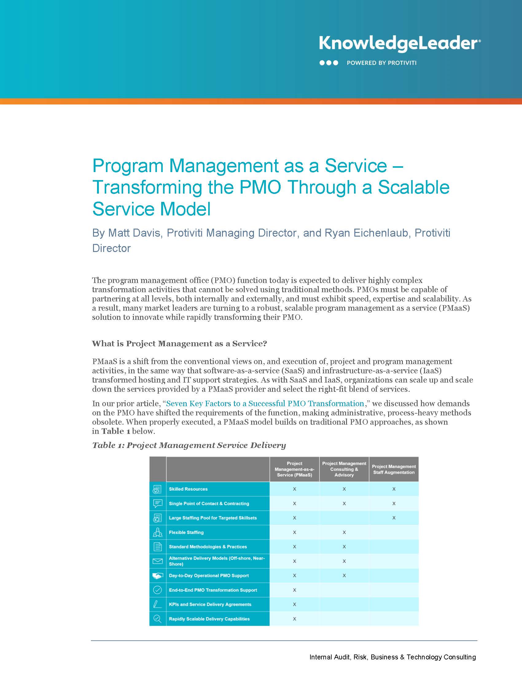 Screenshot of the first page of Program Management as a Service – Transforming the PMO Through a Scalable Service Model