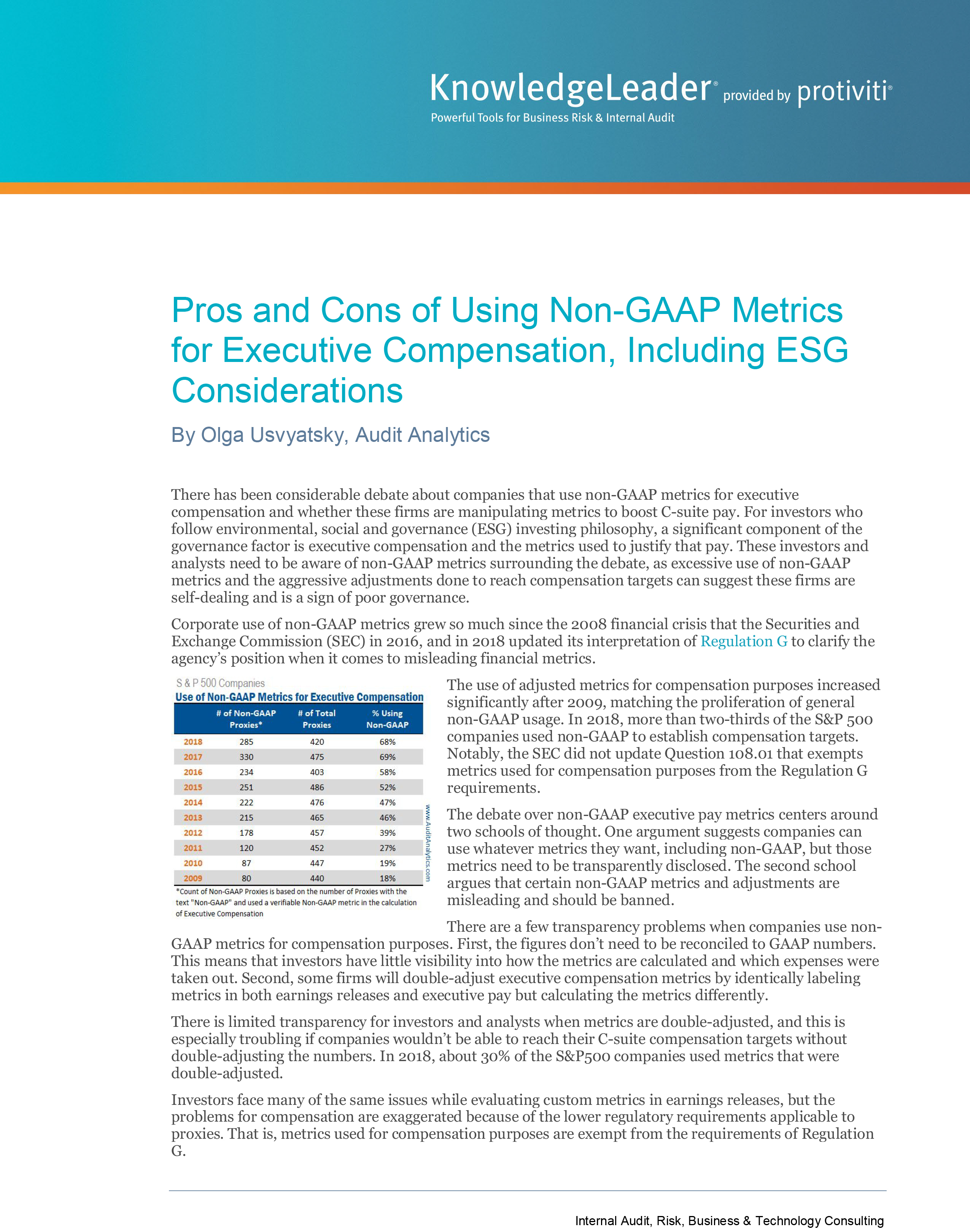 Screenshot of the first page of Pros and Cons of Using Non-GAAP Metrics for Executive Compensation, Including ESG Considerations