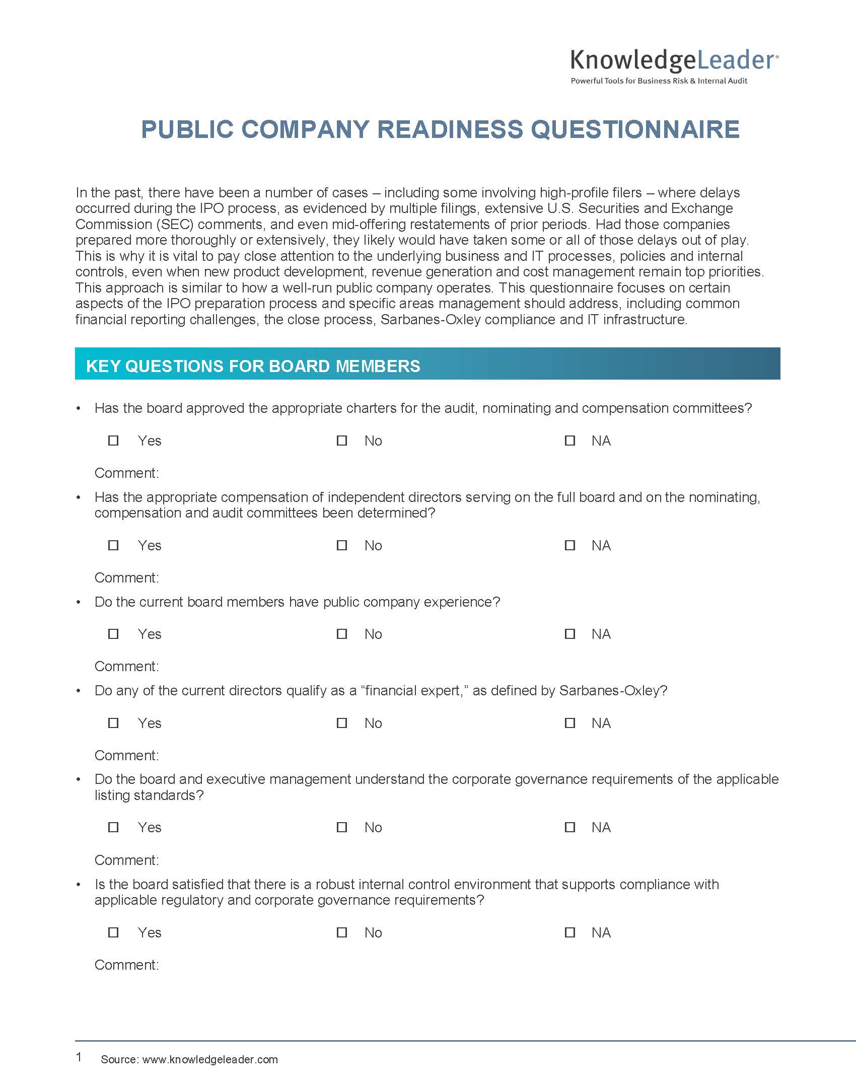 Screenshot of the first page of Public Company Readiness Questionnaire