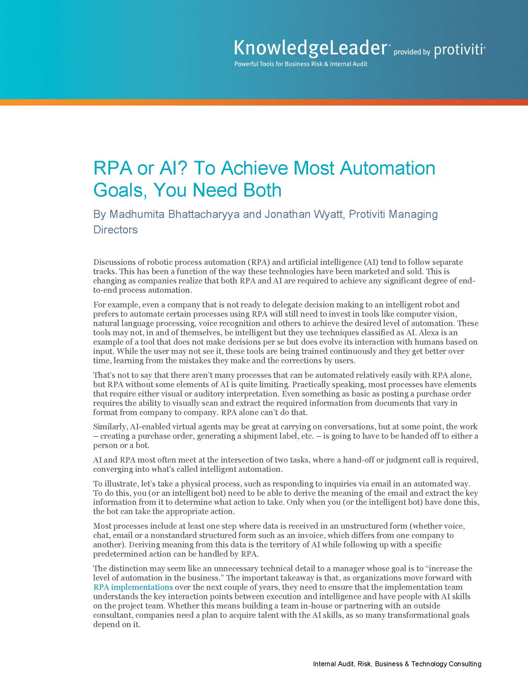 Screenshot of the first page of RPA or AI To Achieve Most Automation Goals, You Need Both