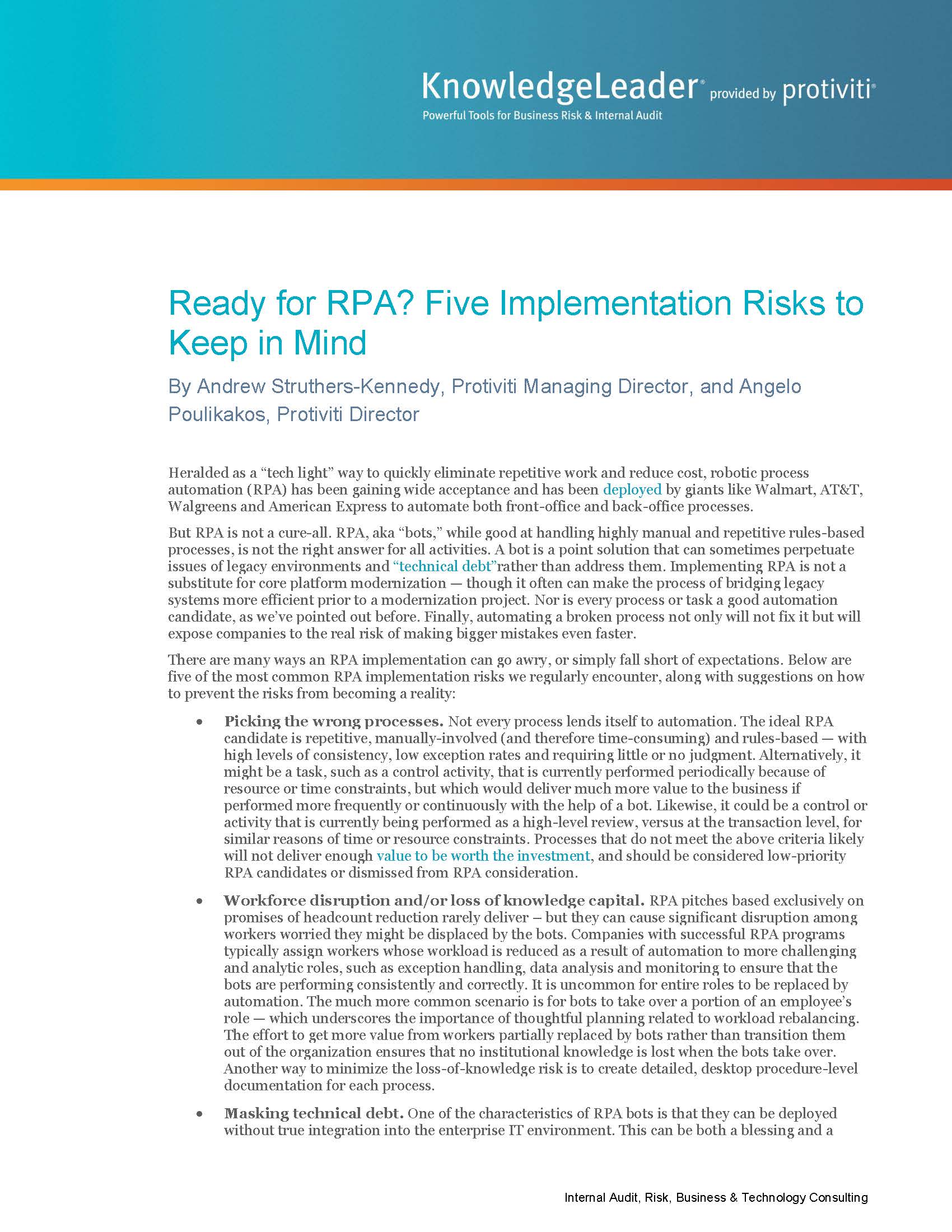 Screenshot of the first page of Ready for RPA Five Implementation Risks to Keep in Mind
