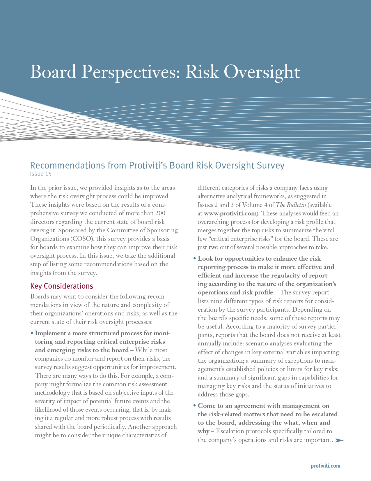 Screenshot of the first page of Recommendations from Protiviti’s Board Risk Oversight Survey