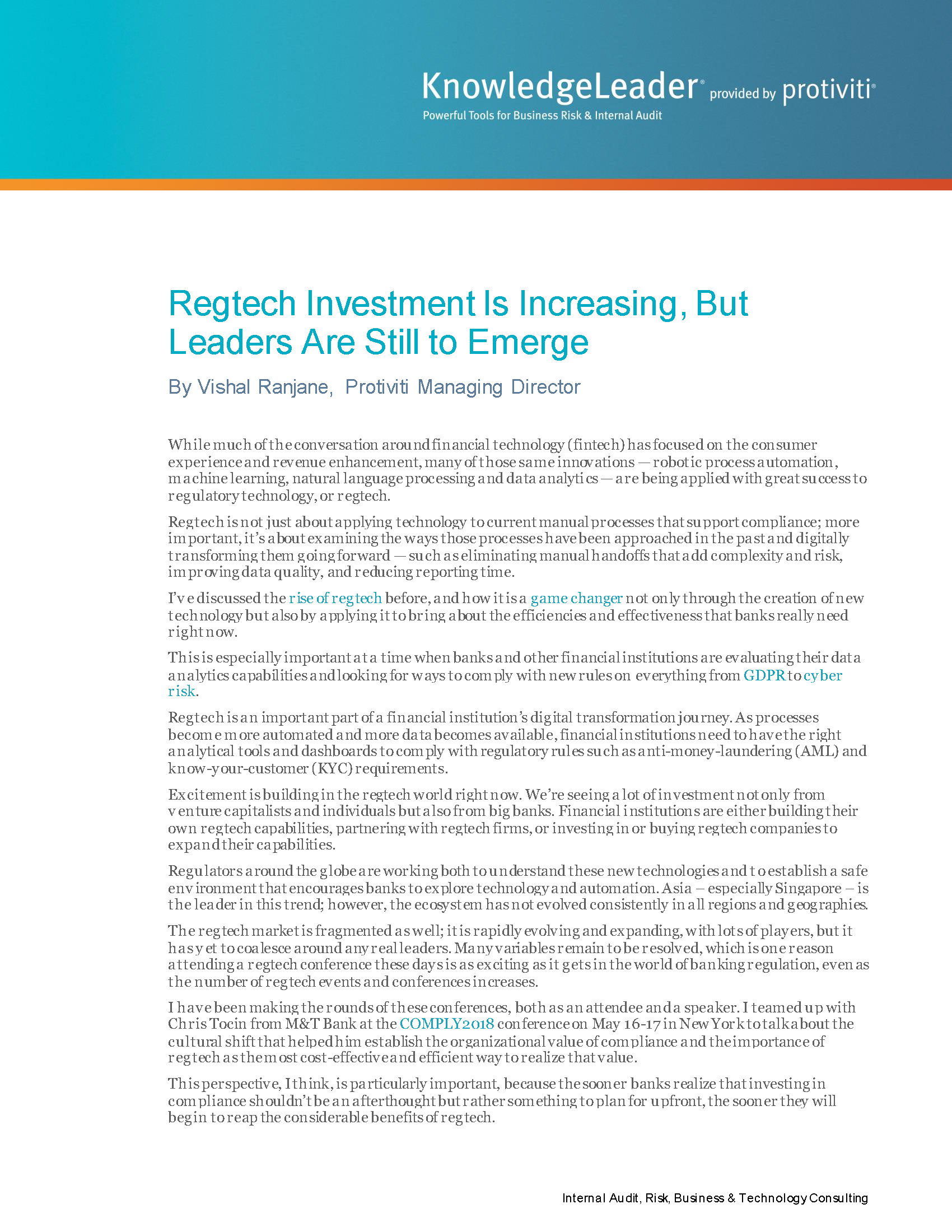 Screenshot of the first page of Regtech Investment Is Increasing, But Leaders Are Still to Emerge