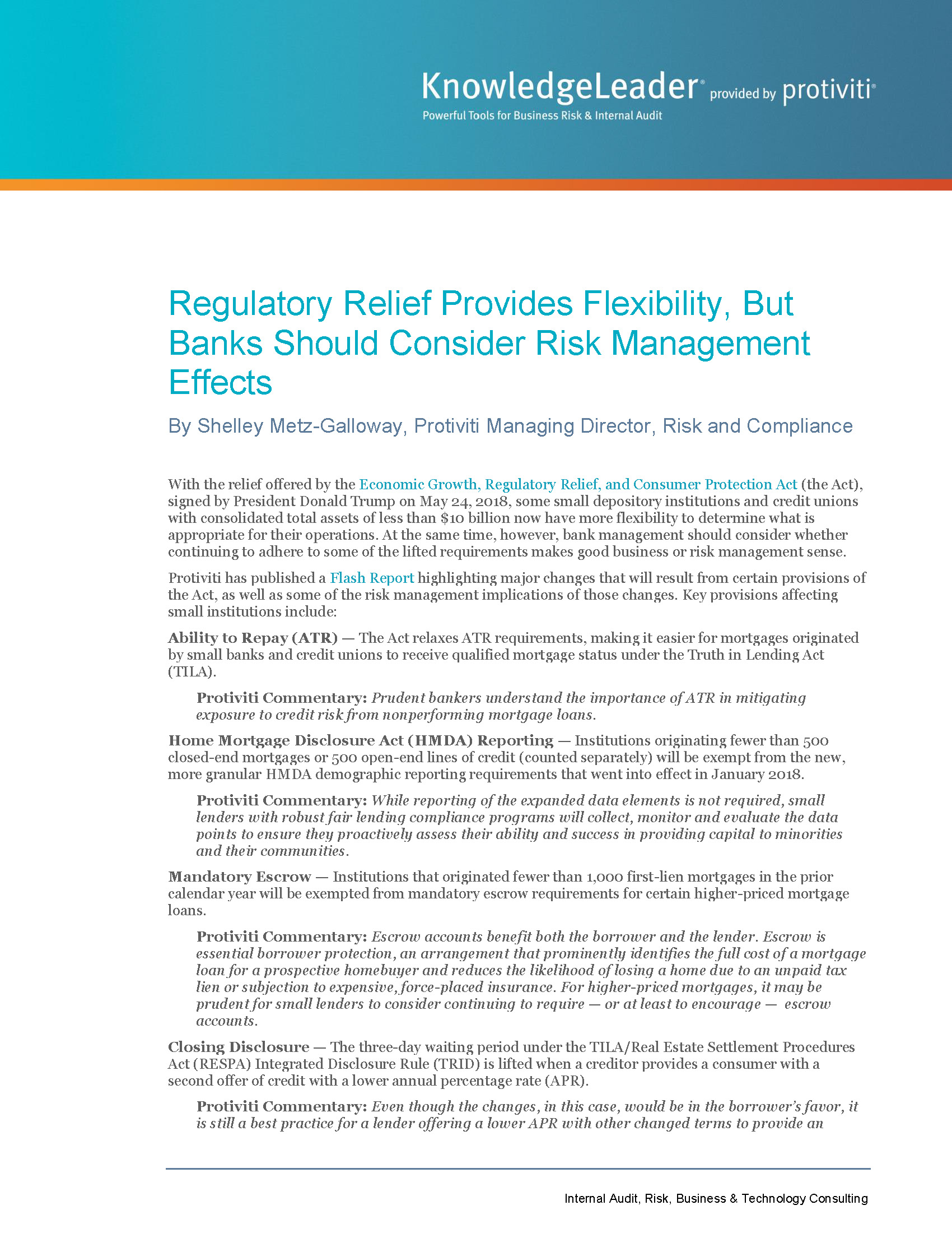 Screenshot of the first page of Regulatory Relief Provides Flexibility, But Banks Should Consider Risk Management Effects