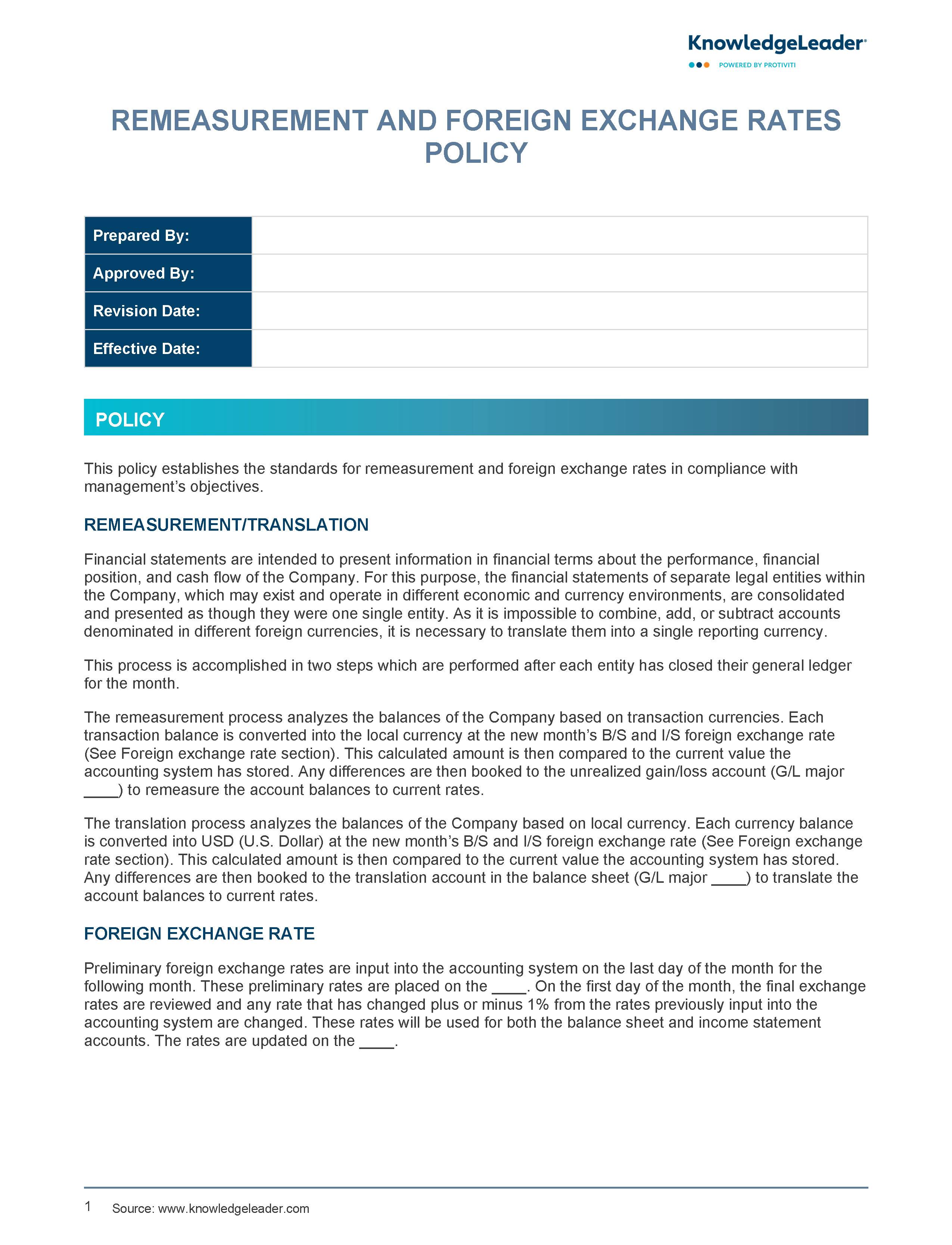 Screenshot of the first page of Remeasurement and Foreign Exchange Rates Policy