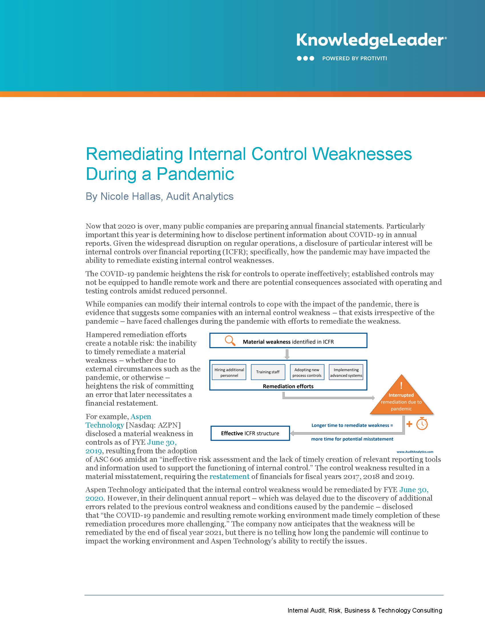 Screenshot of the first page of Remediating Internal Control Weaknesses During Pandemic