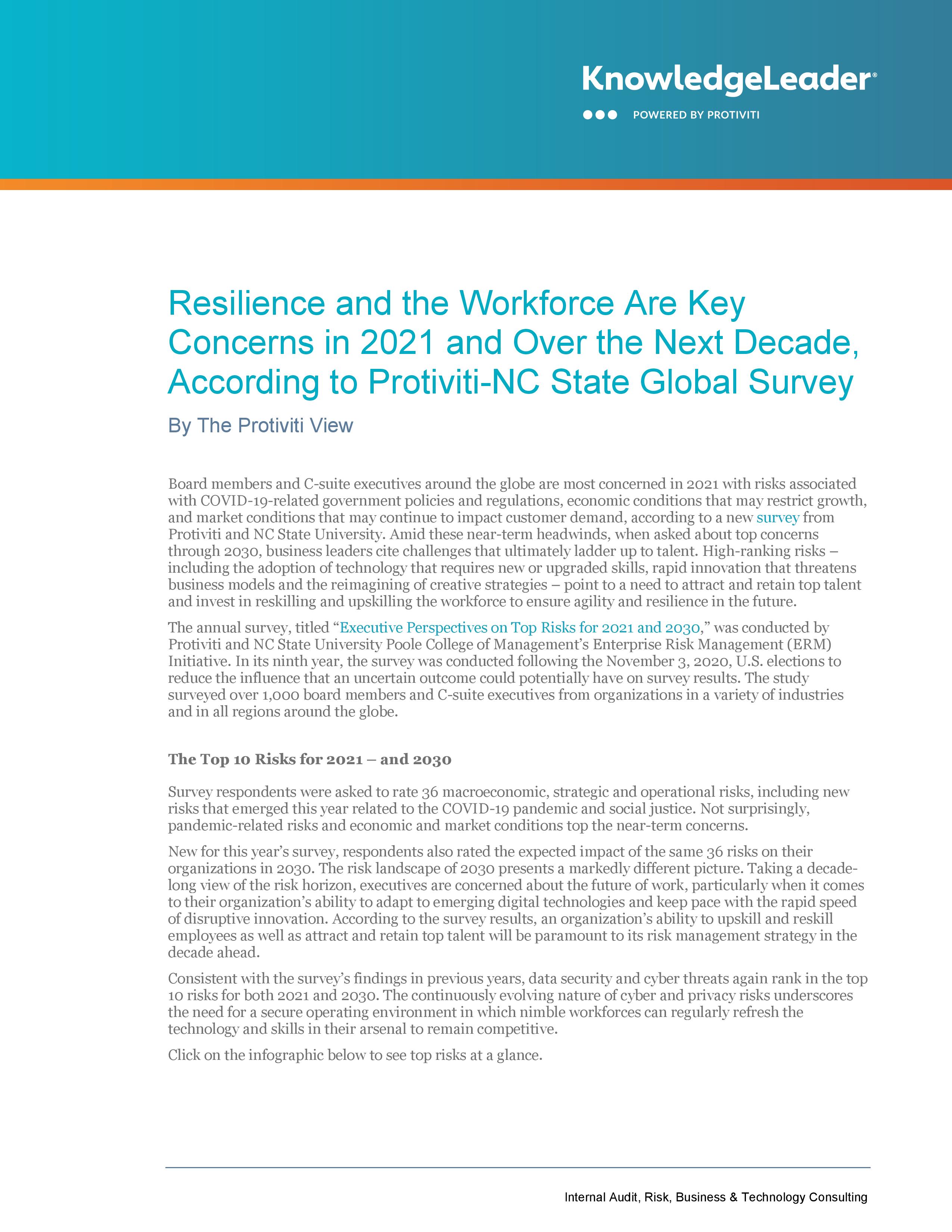 Screenshot of the first page of Resilience and the Workforce Are Key Concerns in 2021 and Over the Next Decade-page-001