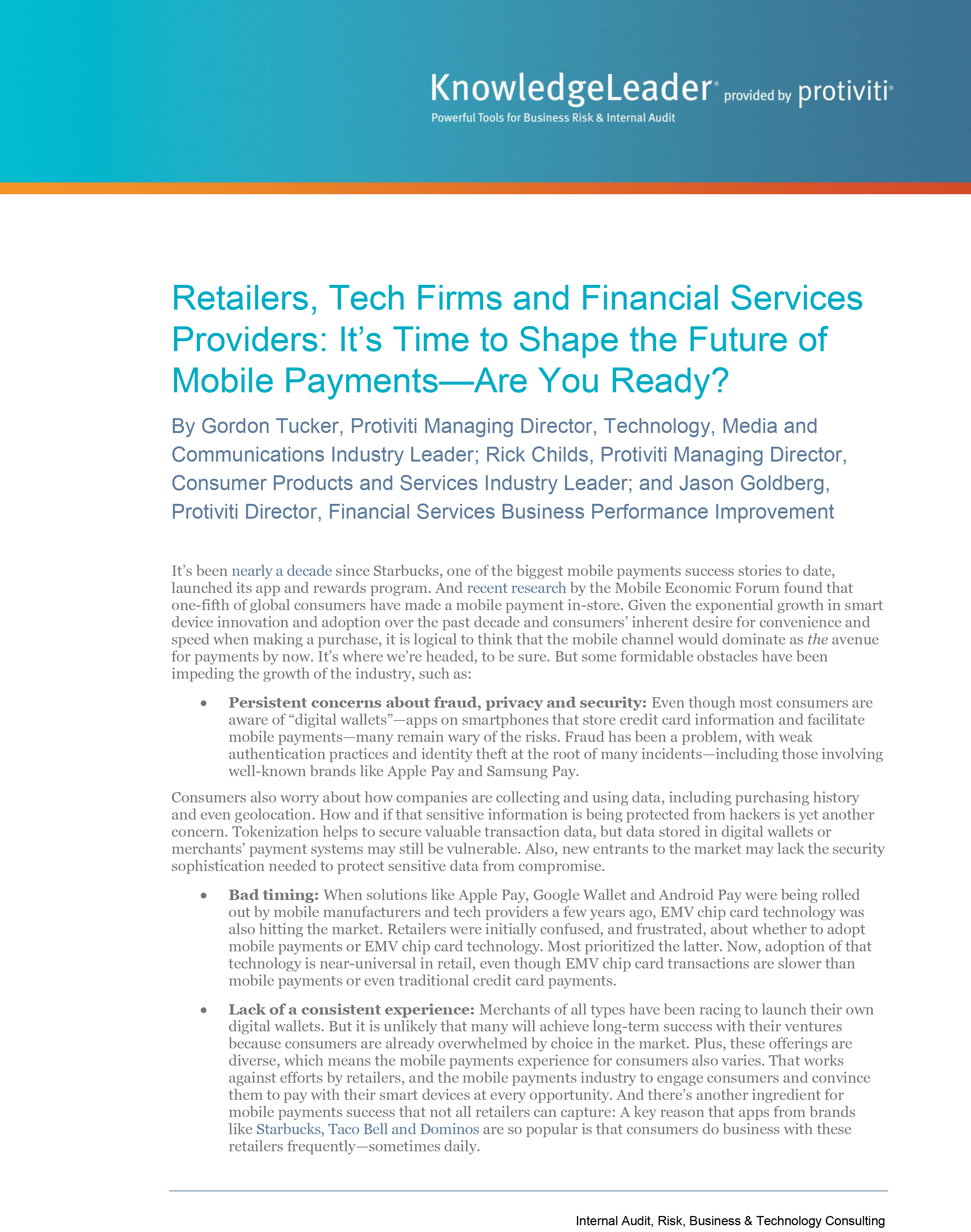 Screenshot of the first page of Retailers, Tech Firms and Financial Services Providers - It’s Time to Shape the Future of Mobile Payments