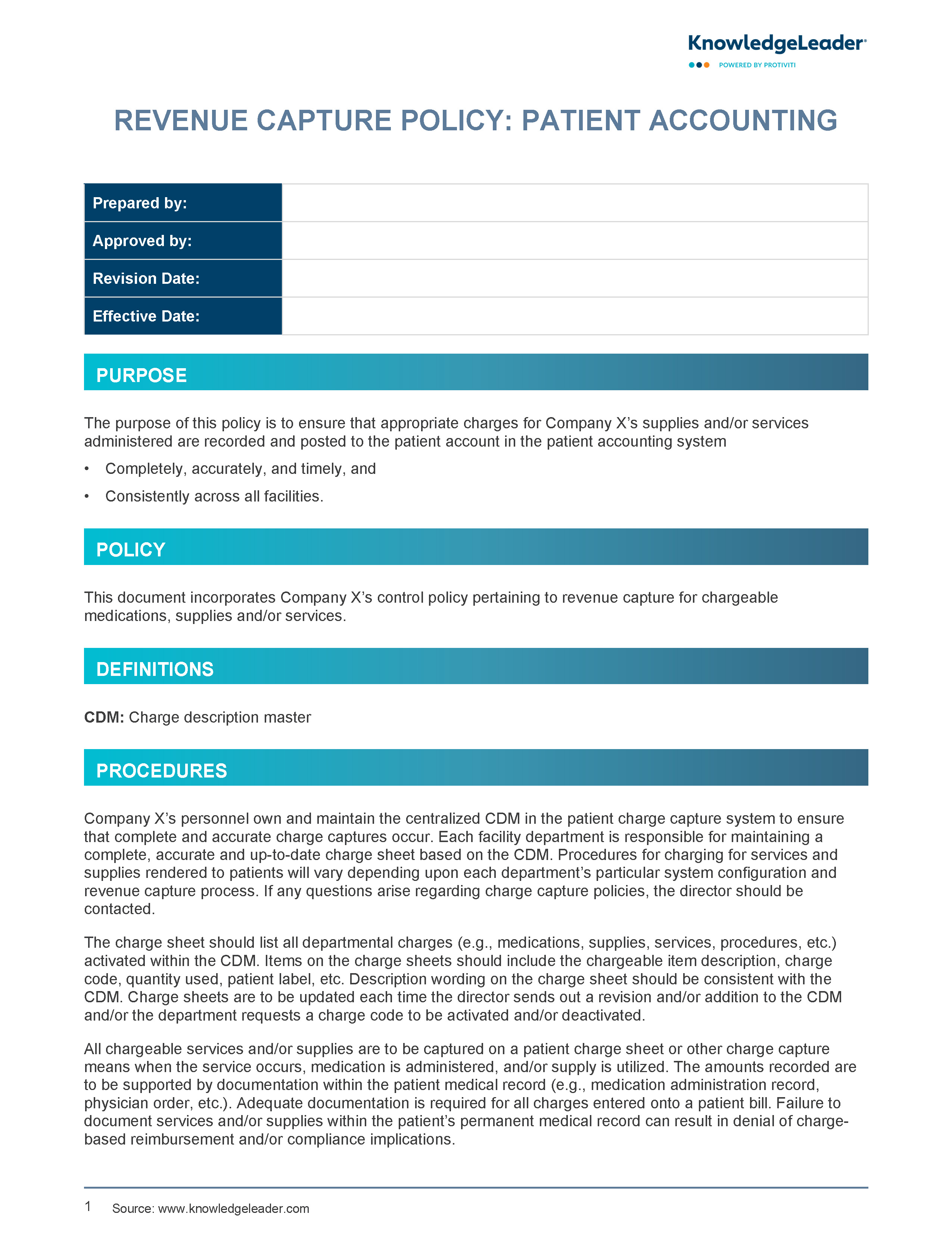 Screenshot of the first page of Revenue Capture Policy: Patient Accounting