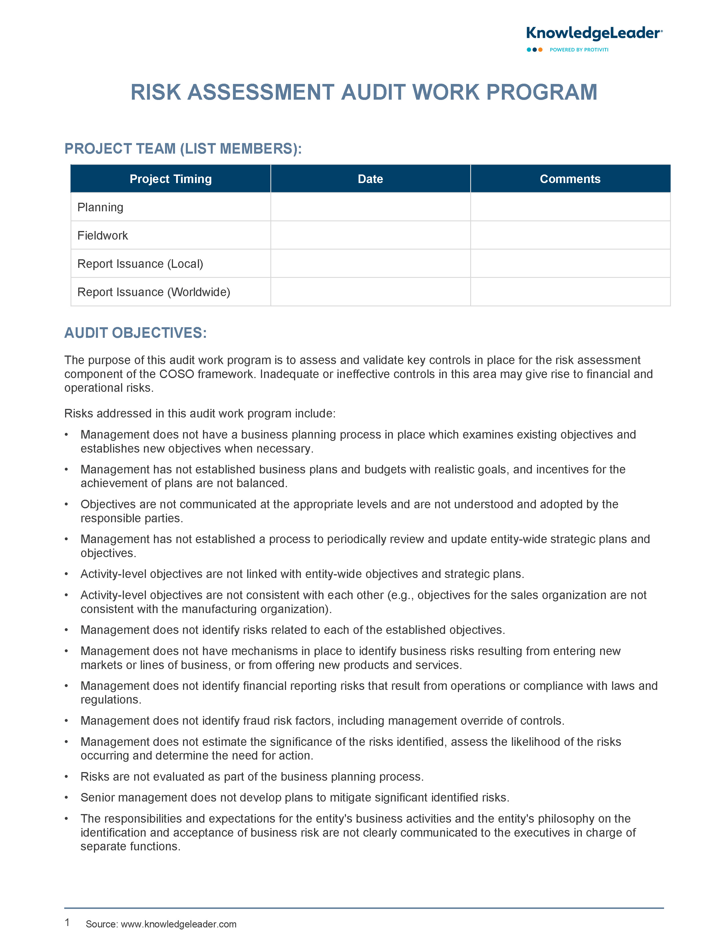 Screenshot of the first page of Risk Assessment Audit Work Program