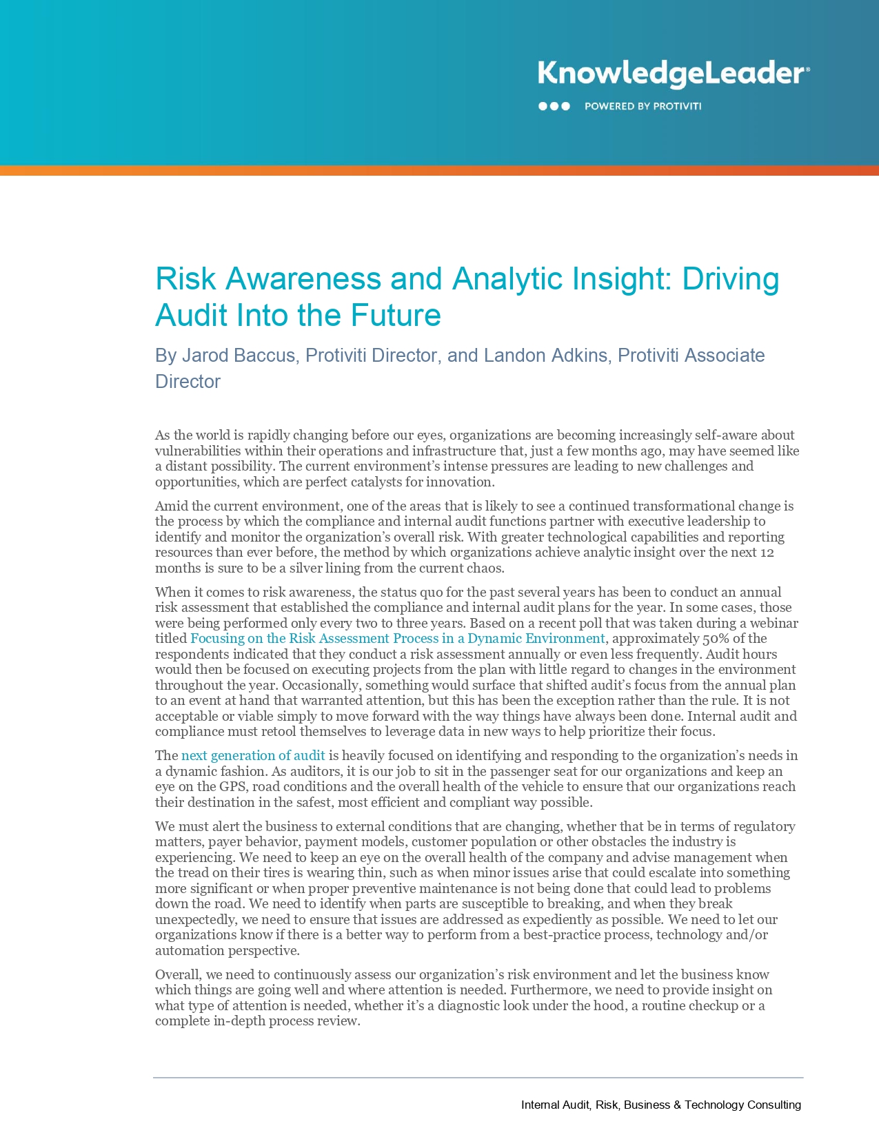 Risk Awareness and Analytic Insight Driving Audit Into the Future