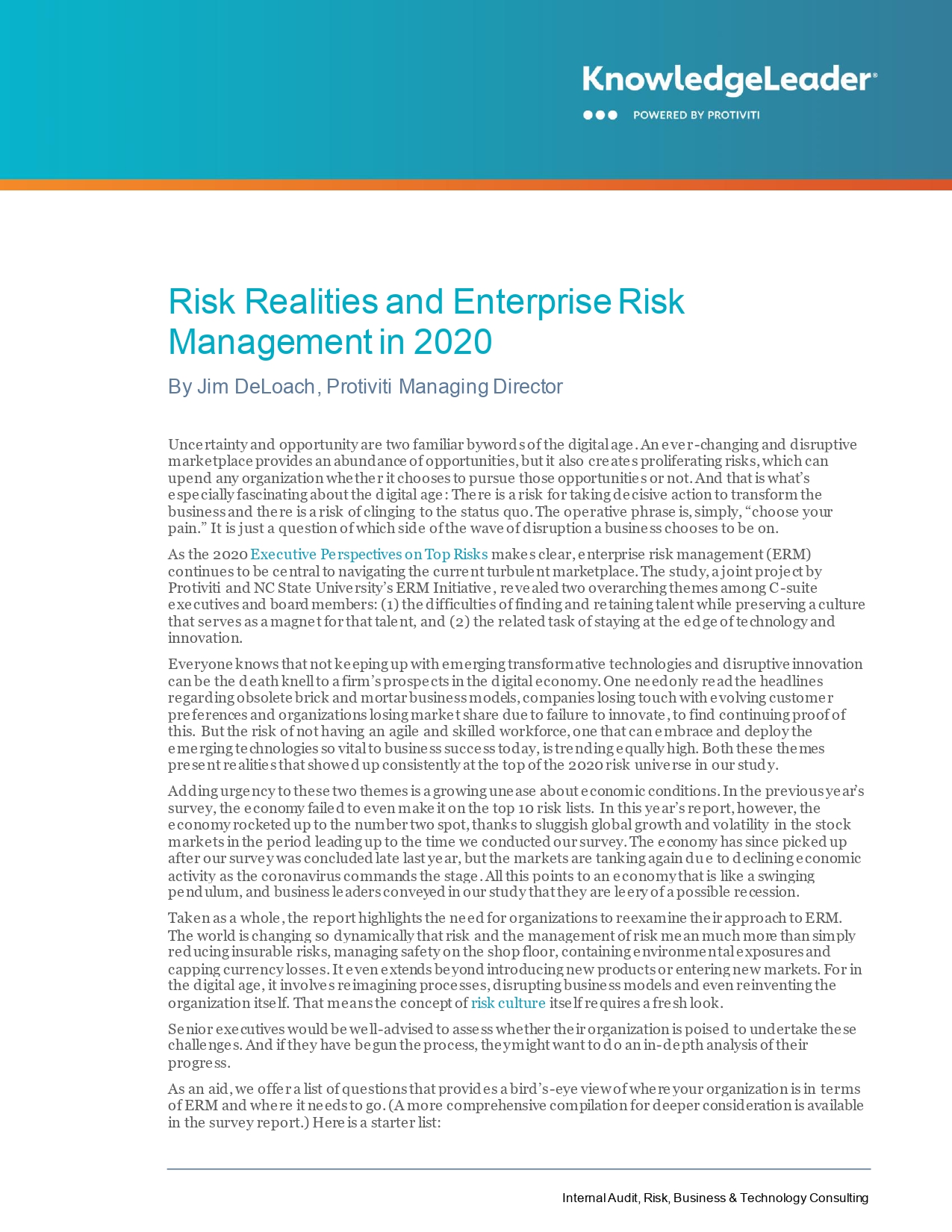 Risk Realities and Enterprise Risk Management in 2020