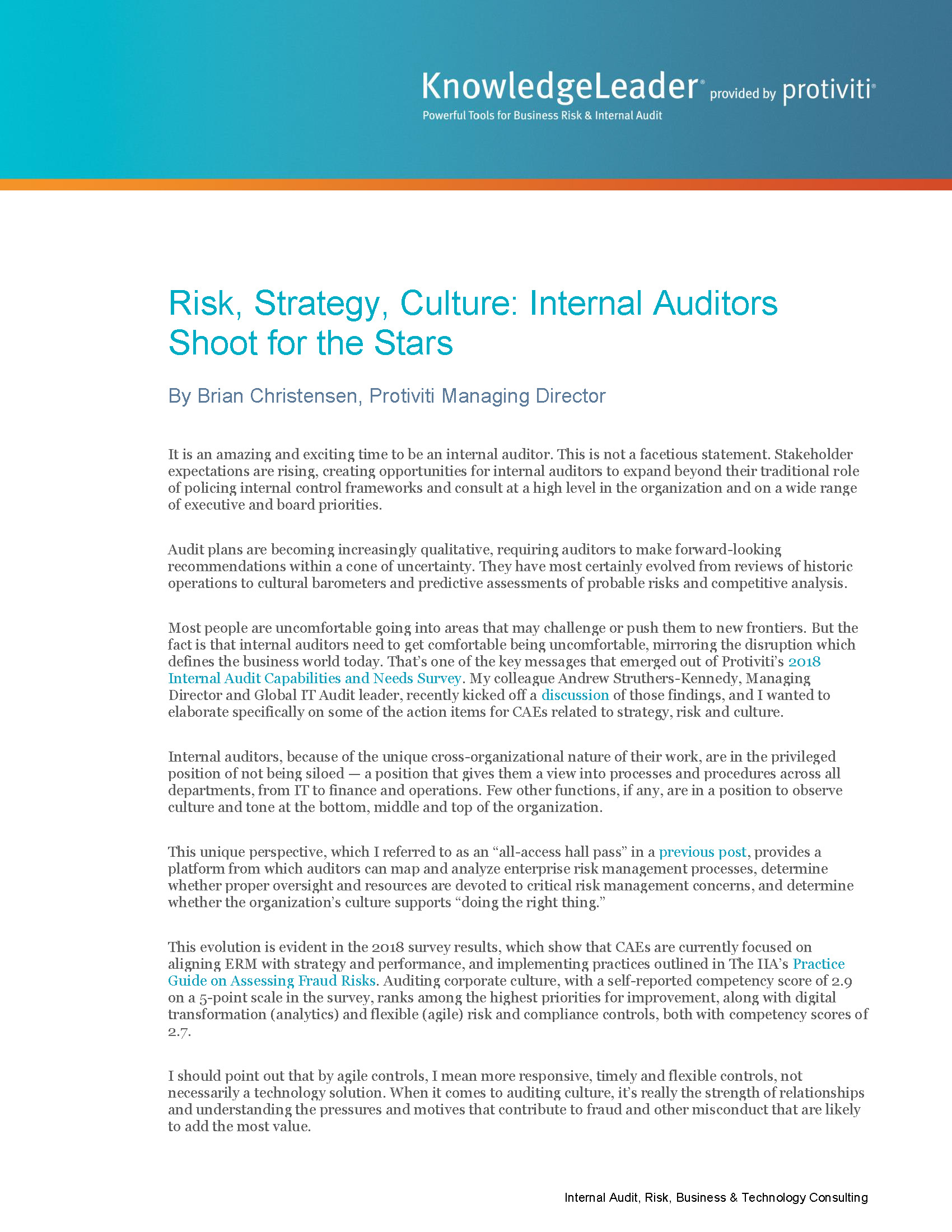 Screenshot of the first page of Risk, Strategy, Culture Internal Auditors Shoot for the Stars