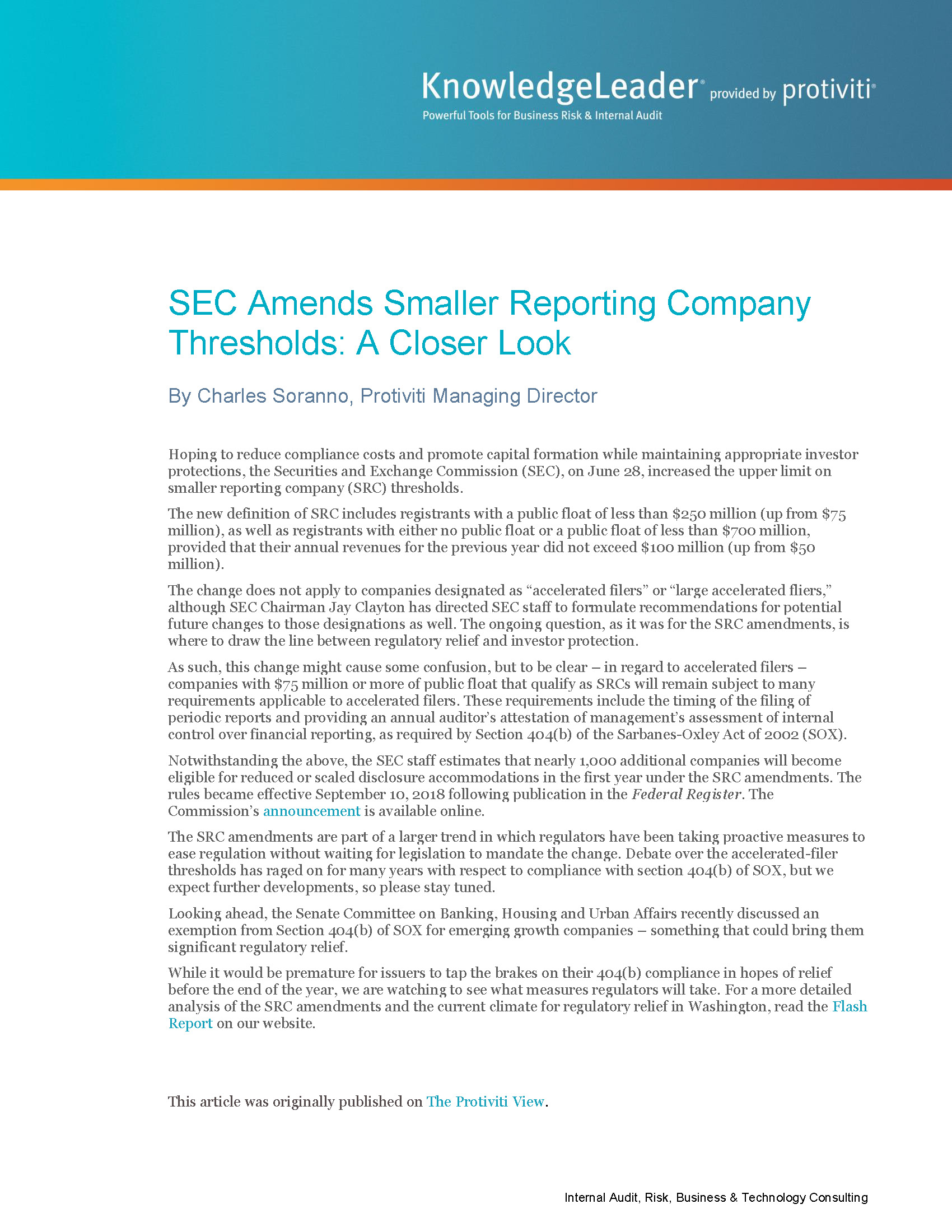 Screenshot of the first page of SEC Amends Smaller Reporting Company Thresholds A Closer Look