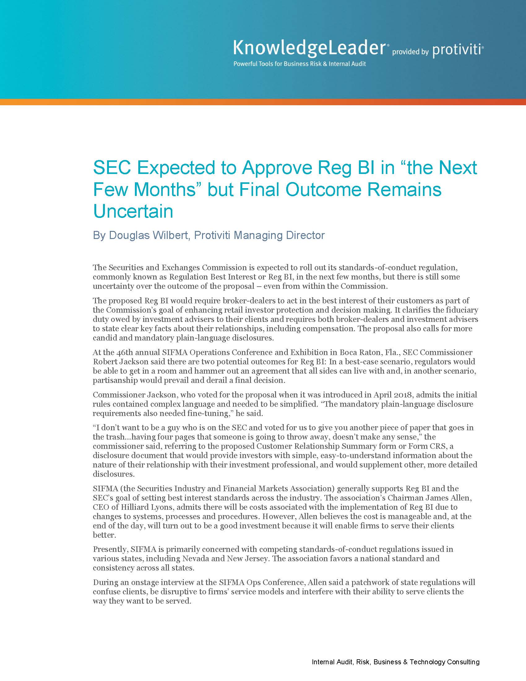 Screenshot of the first page of SEC Expected to Approve Reg BI in ‘‘the Next Few Months’’ but Final Outcome Remains Uncertain
