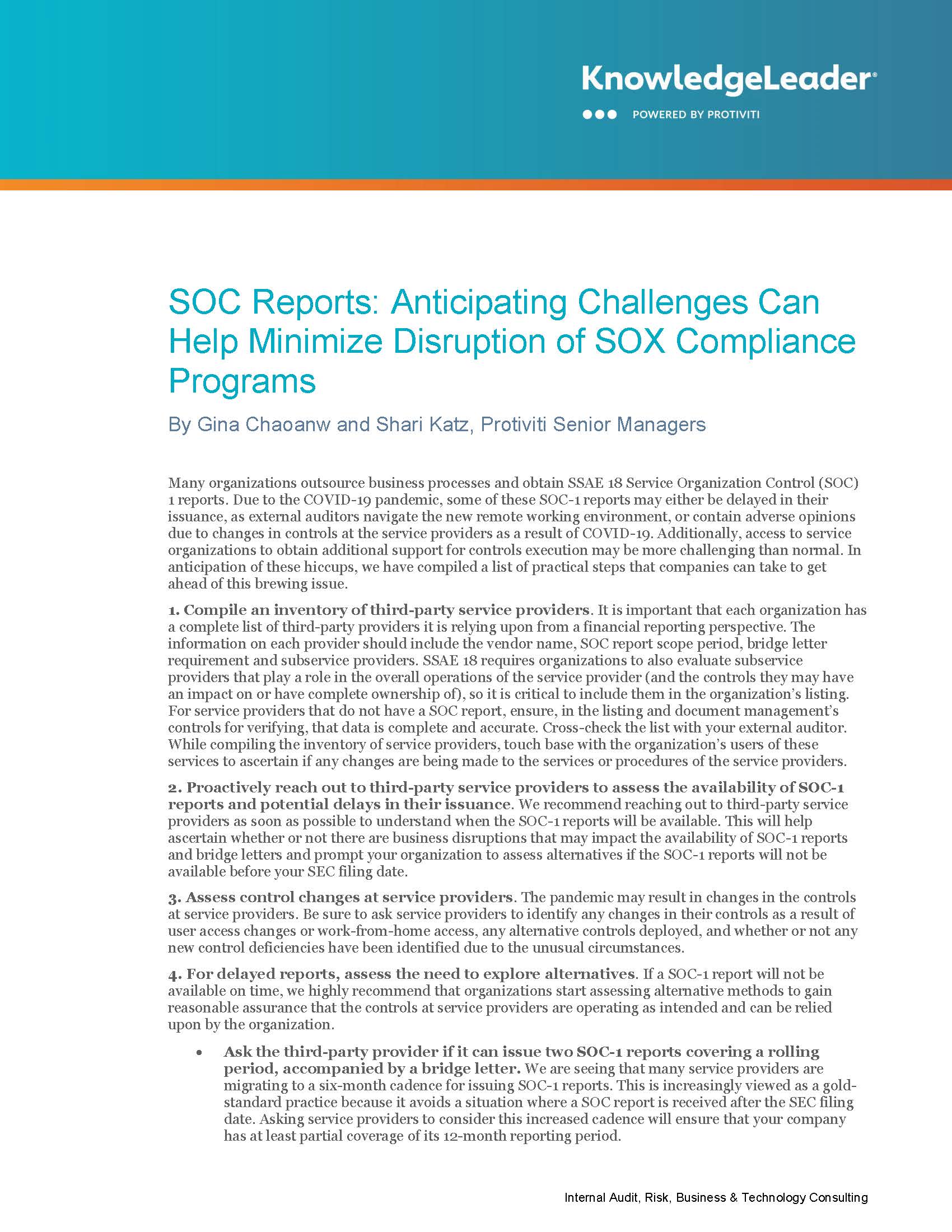 SOC Reports: Anticipating Challenges Can Help Minimize Disruption of SOX Compliance Programs