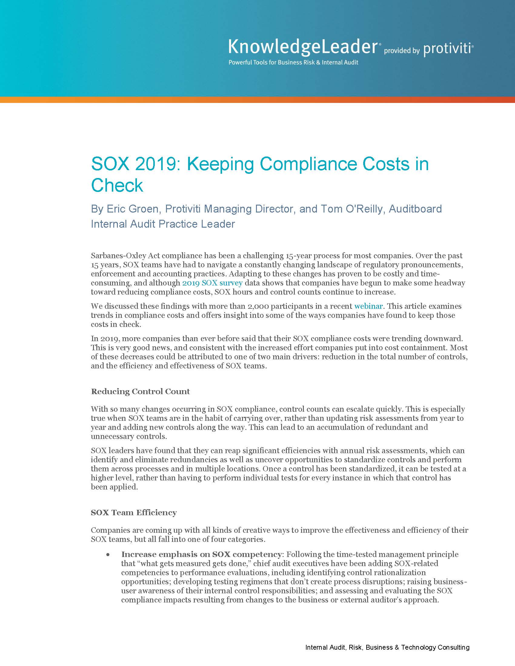 Screenshot of the first page of SOX 2019 Keeping Compliance Costs in Check