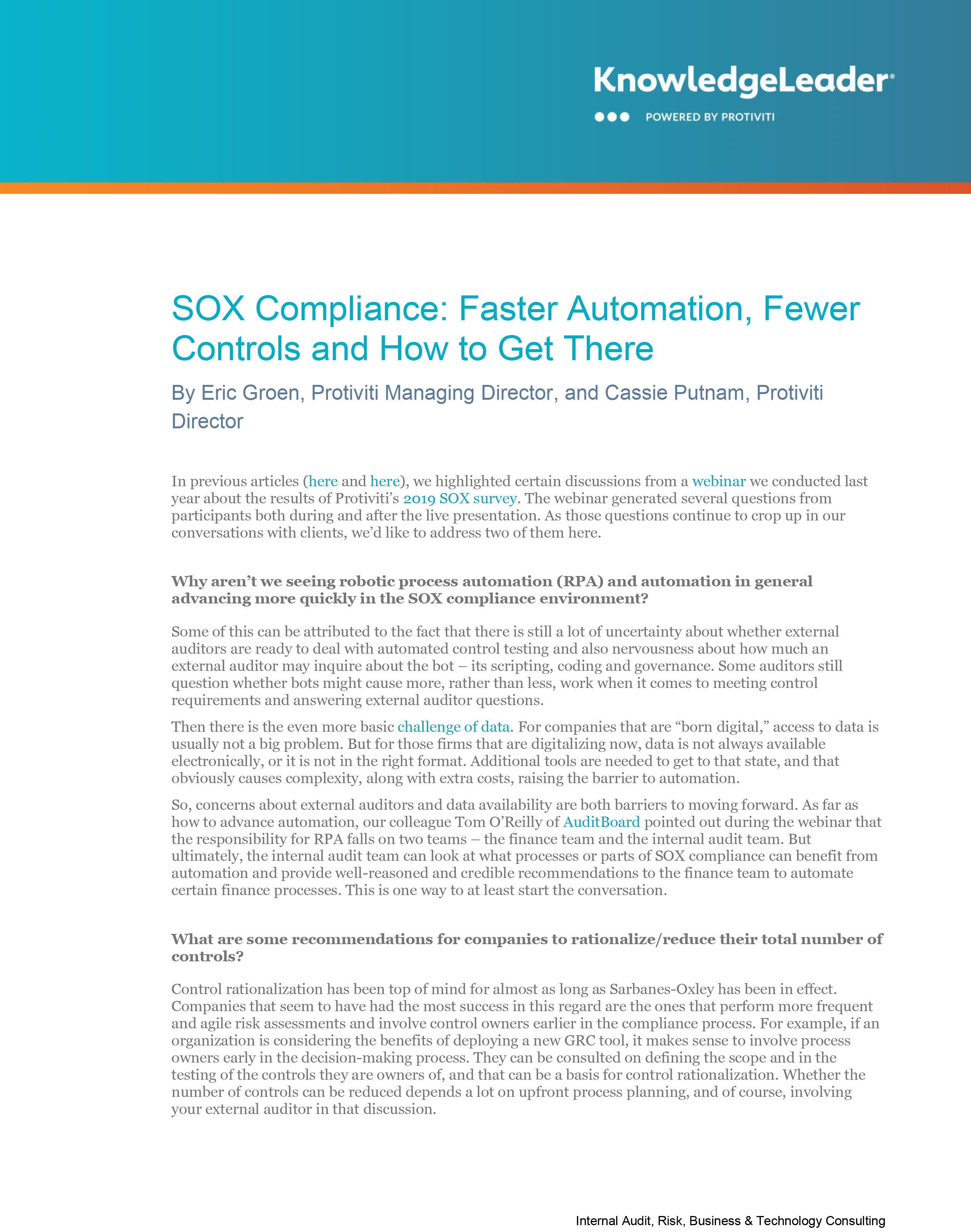 Screenshot of the first page of SOX Compliance Faster Automation Fewer Controls and How to Get There